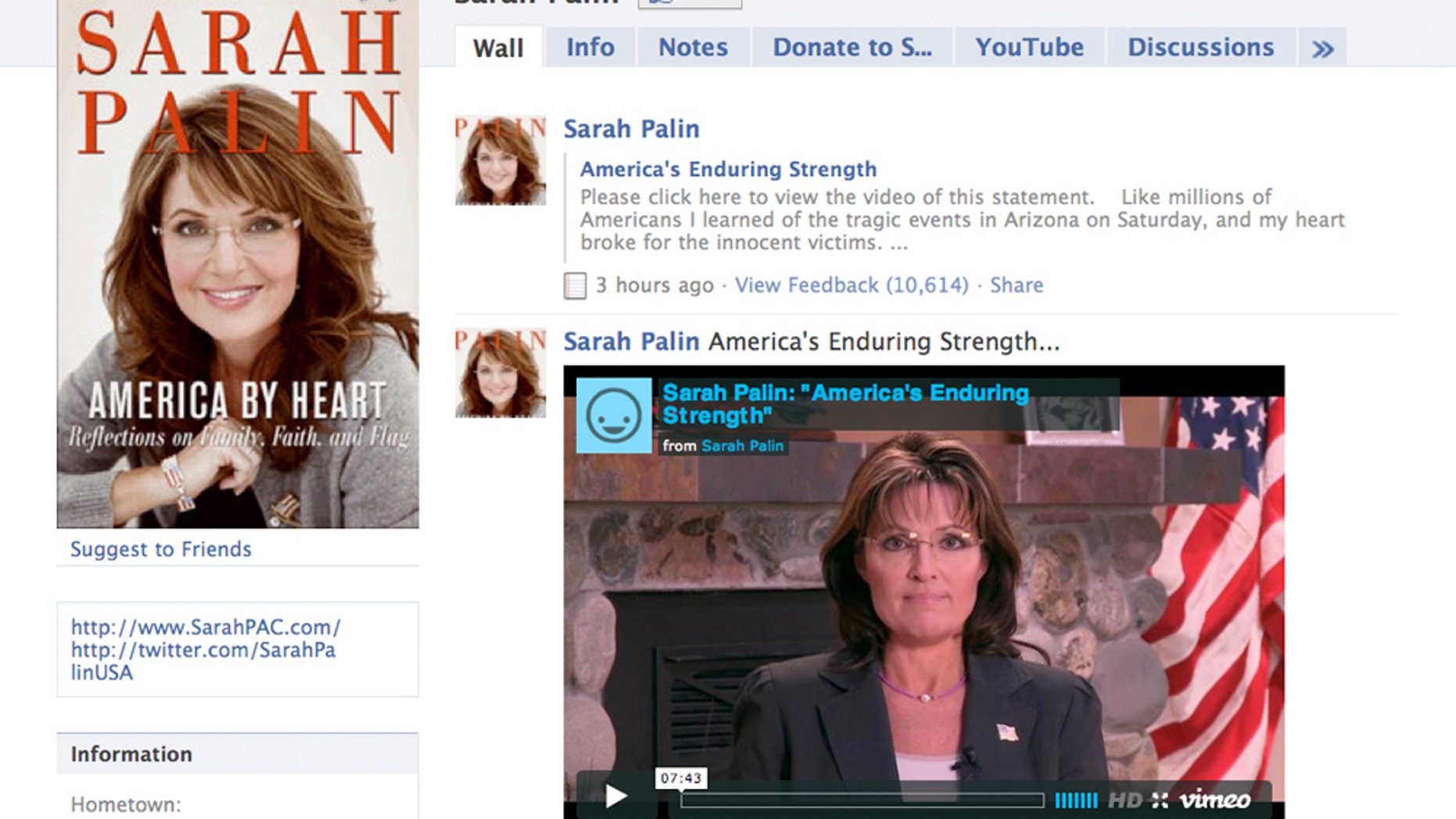 Jan. 12: This image, taken from Facebook.com, shows the Facebook page of Sarah Palin. A nearly eight-minute video was posted on her page accusing journalists and pundits of inciting hatred and violence in the wake of a deadly Arizona shooting that gravely wounded a U.S. congresswoman.