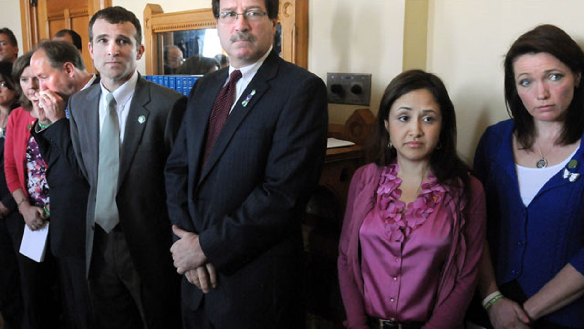 April 1, 2013: Relatives and supporters of Sandy Hook Elementary School shooting victims stand during a presentation at the Capital in Hartford, Conn.