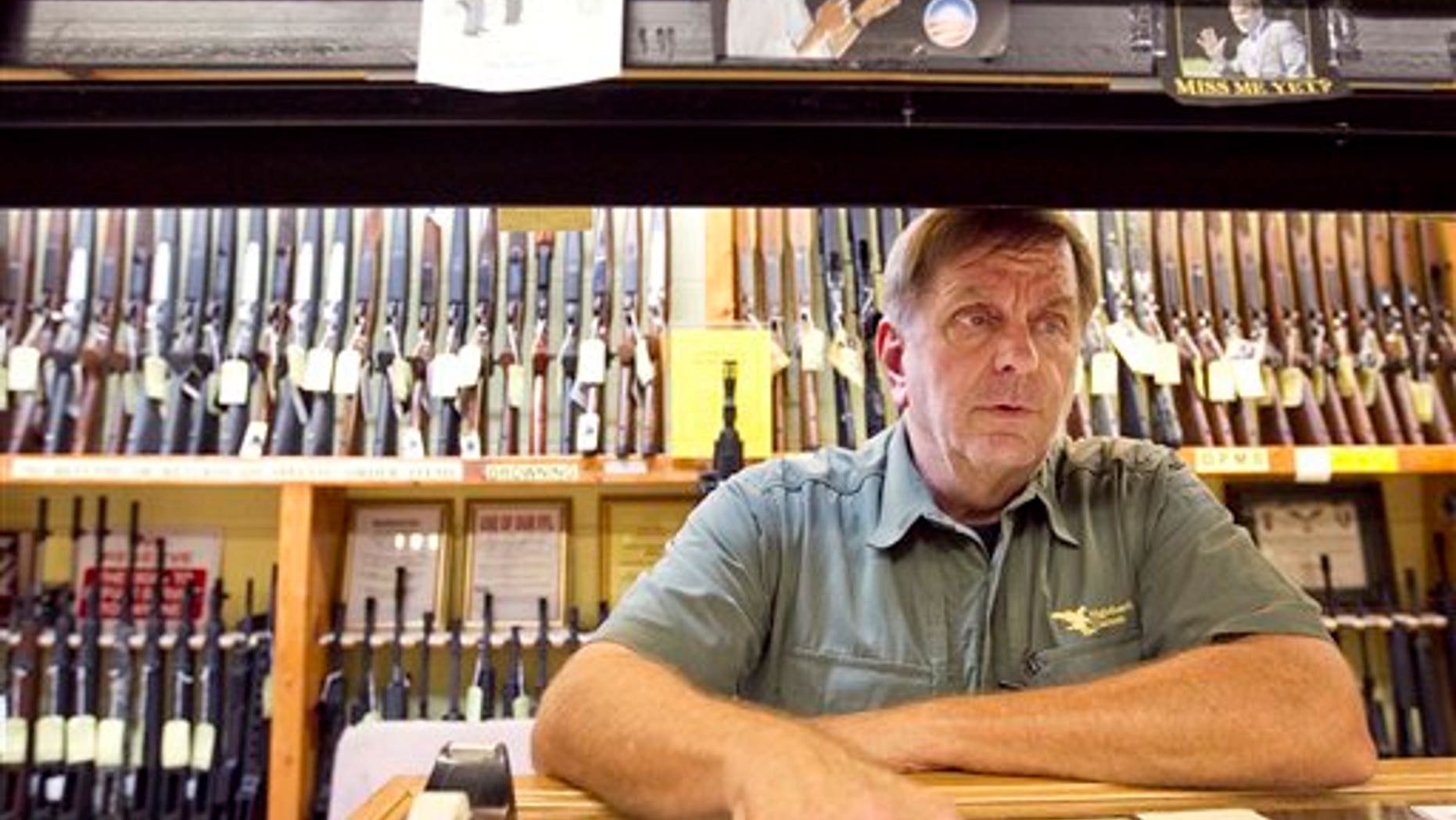 July 28: Greg Ebert, a part-time clerk at Guns Galore, speaks at the in Killeen, Texas shop.