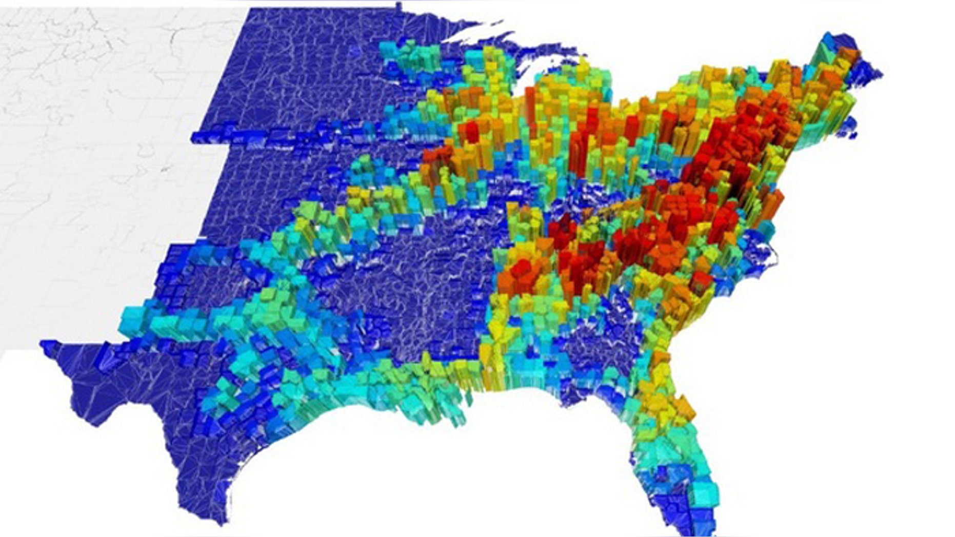 The price of anarchy, two weeks after an epidemic starts from each county in the East Coast of the United States. The price of anarchy measures the difference in spread of a disease between selfish (uncoordinated) and policy-driven (coordinated).