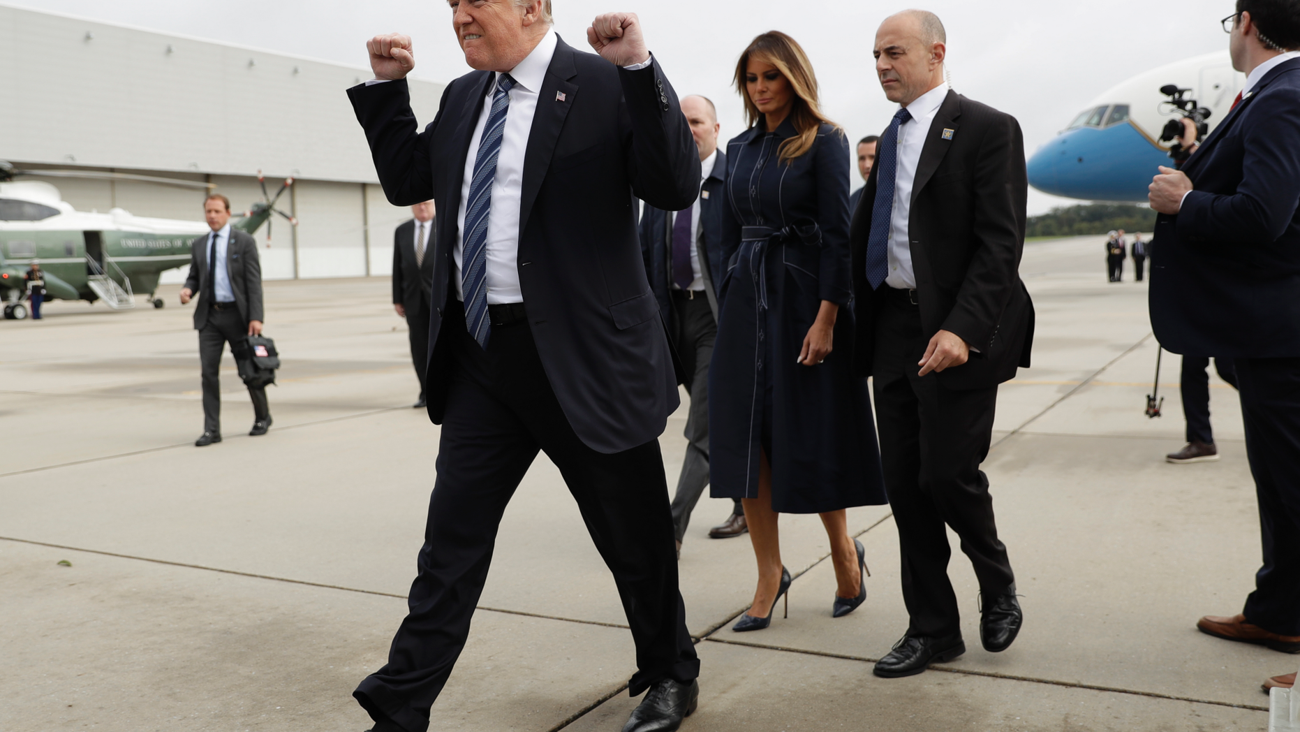 President Donald Trump and first lady Melania Trump arrive at John Murtha Johnstown-Cambria County Airport in Johnstown, Pa., Tuesday, Sept. 11, 2018. Trump will be speaking during the September 11th Flight 93 Memorial Service in Shanksville, Pa. (AP Photo/Evan Vucci)