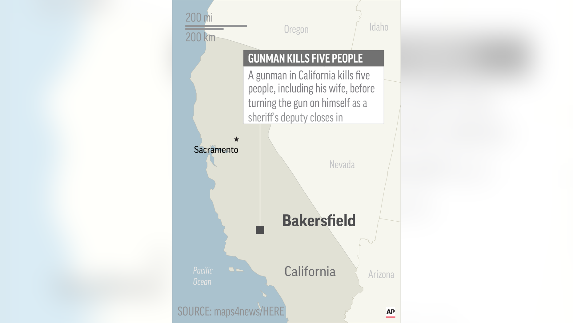 Map locates Bakersfield, California, where a gunman shot and killed five people; 1c x 4 inches; 46.5 mm x 101 mm;
