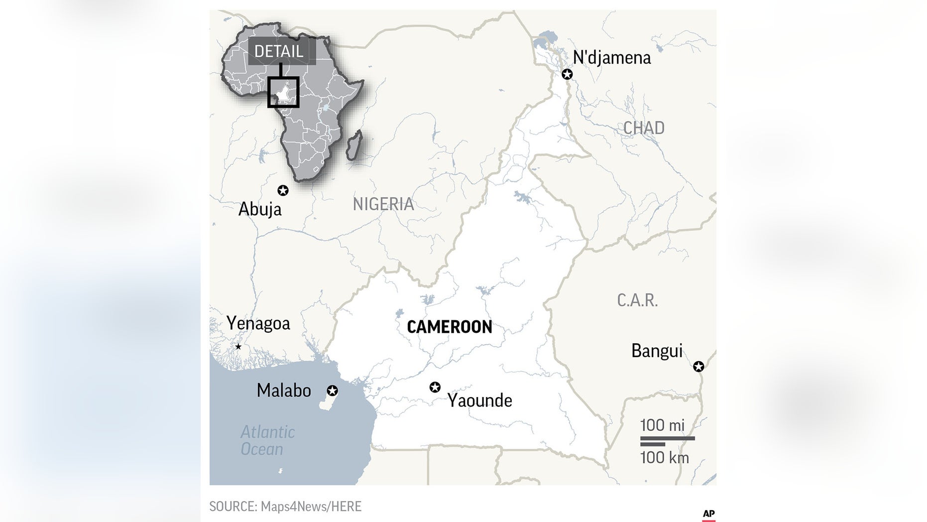 Map locates Cameroon; 2c x 4 inches; 96.3 mm x 101 mm;