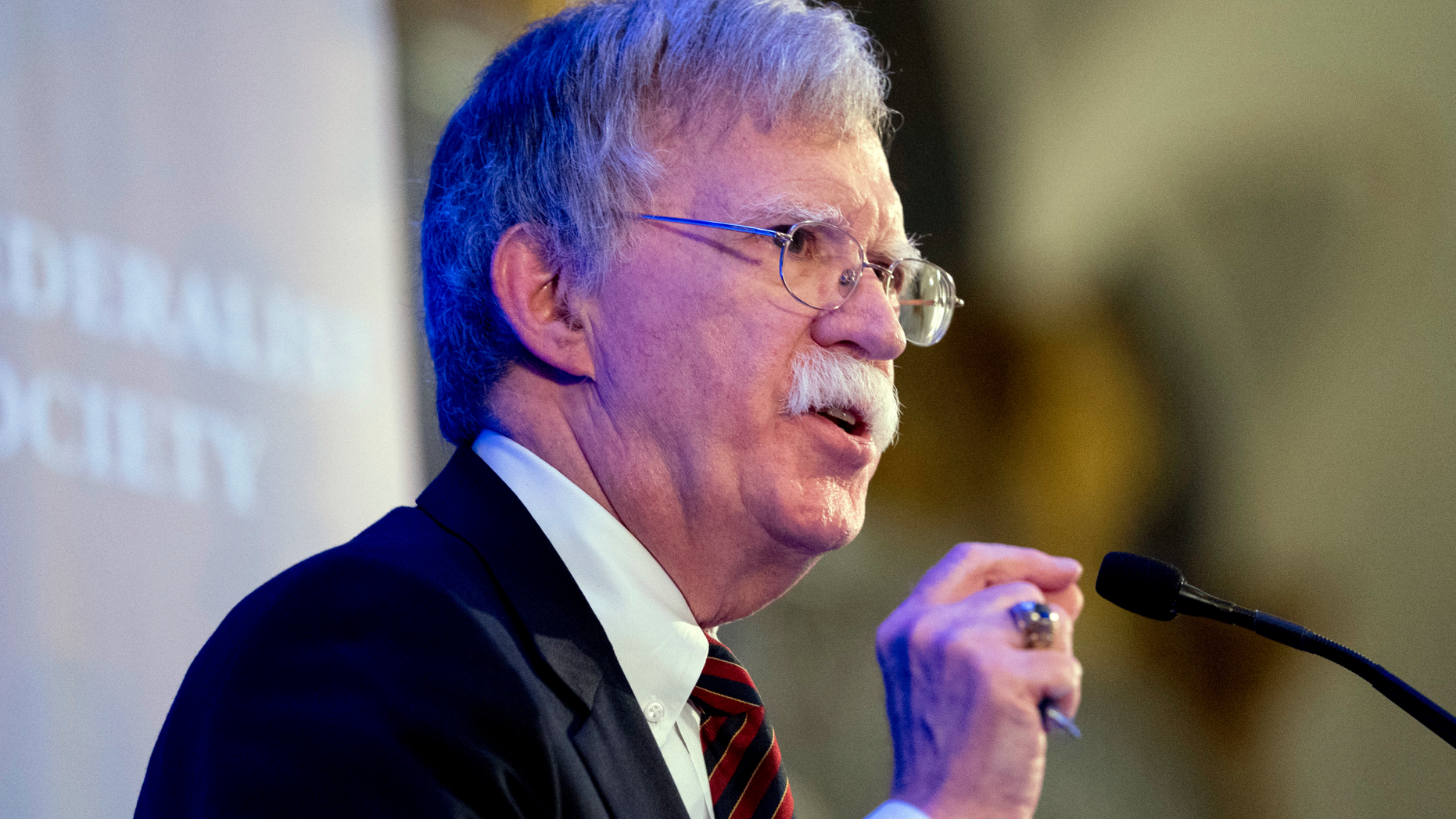 National Security Adviser John Bolton speaks at a Federalist Society luncheon at the Mayflower Hotel, Monday, Sept. 10, 2018, in Washington. (AP Photo/Andrew Harnik)