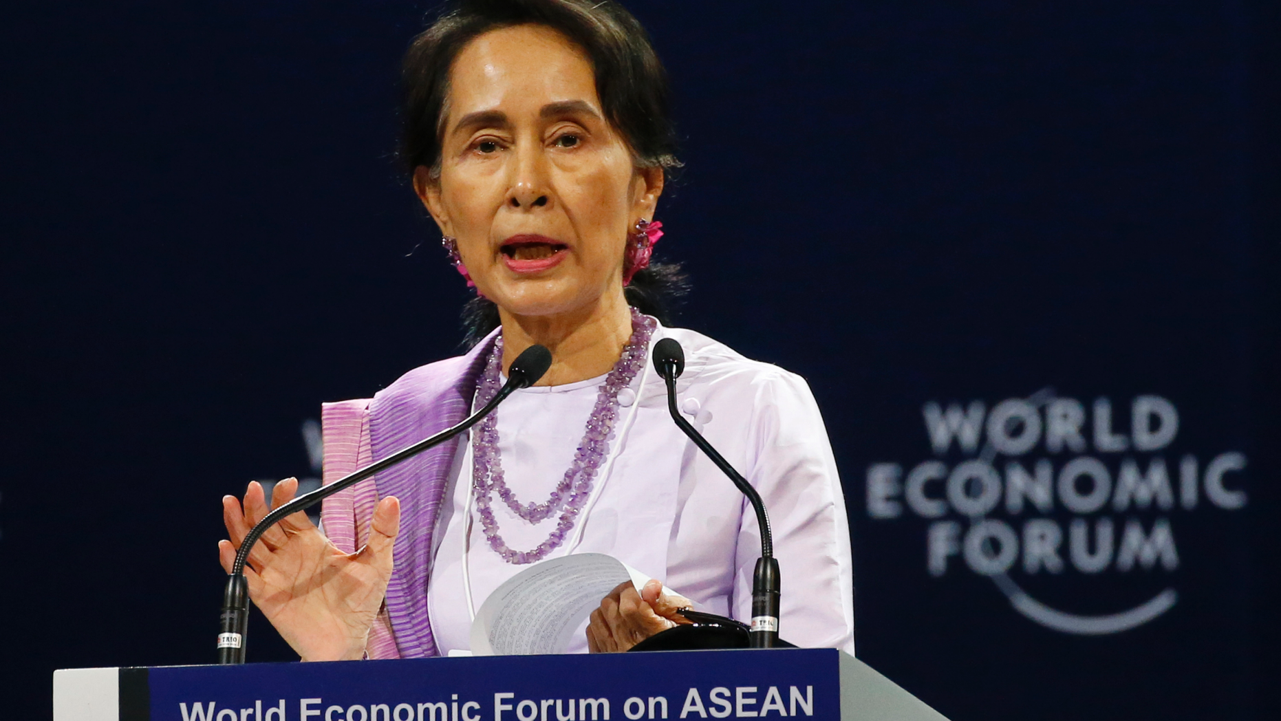 Myanmar leader Aung San Suu Kyi addresses participants during the opening session of the World Economic Forum on ASEAN Wednesday, Sept. 12, 2018 in Hanoi, Vietnam. The World Economic Forum has attracted hundreds of participants for the three-day forum with the theme: ASEAN 4.0: Entrepreneurship and the Fourth Industrial Revolution. (AP Photo/Bullit Marquez)