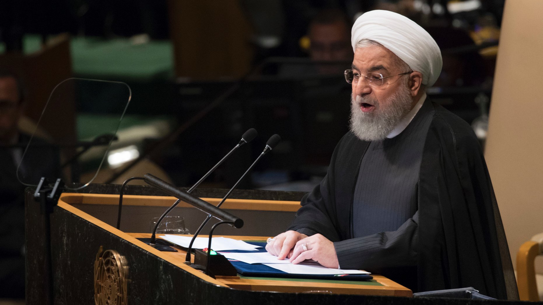 Iranian President Hassan Rouhani addressing the 73rd session of the United Nations General Assembly, Tuesday, Sept. 25, 2018 at U.N. headquarters. (AP Photo/Mary Altaffer, File)