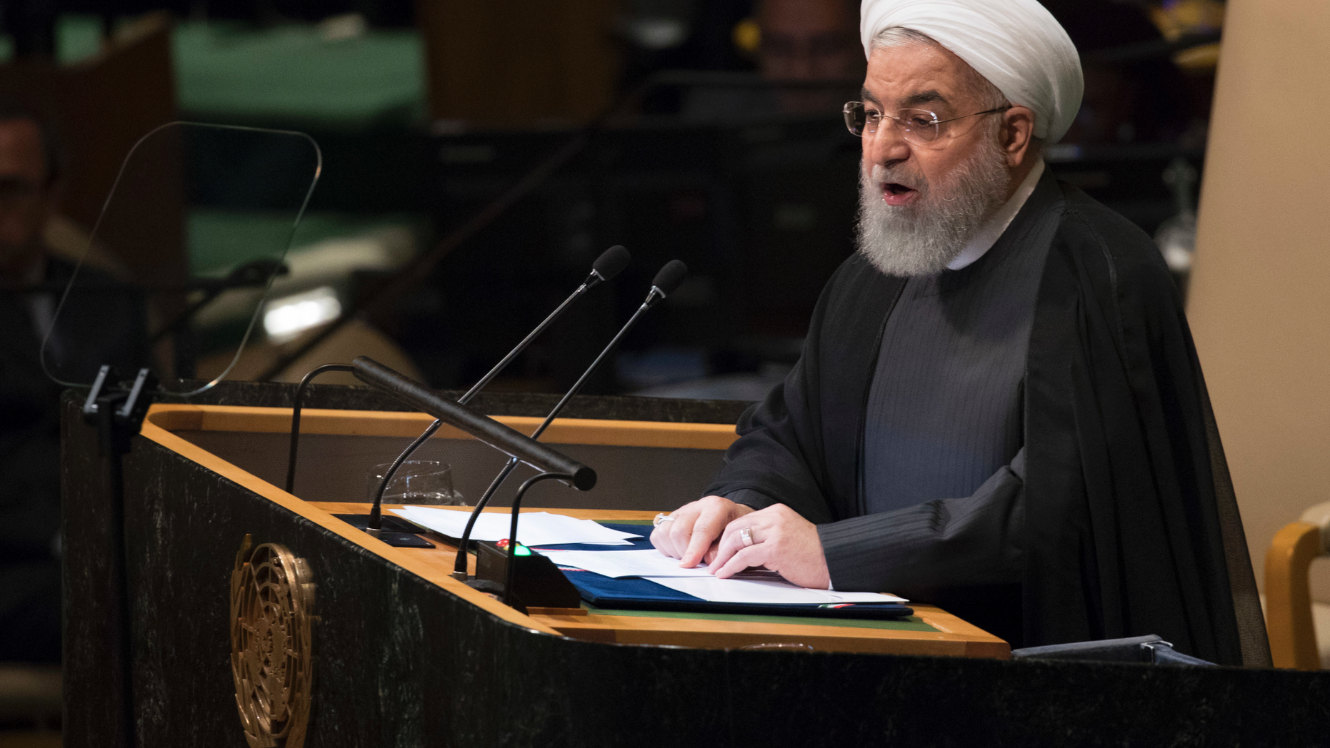 Iranian President Hassan Rouhani addressing the 73rd session of the United Nations General Assembly, Tuesday, Sept. 25, 2018 at U.N. headquarters. (AP Photo/Mary Altaffer, File)