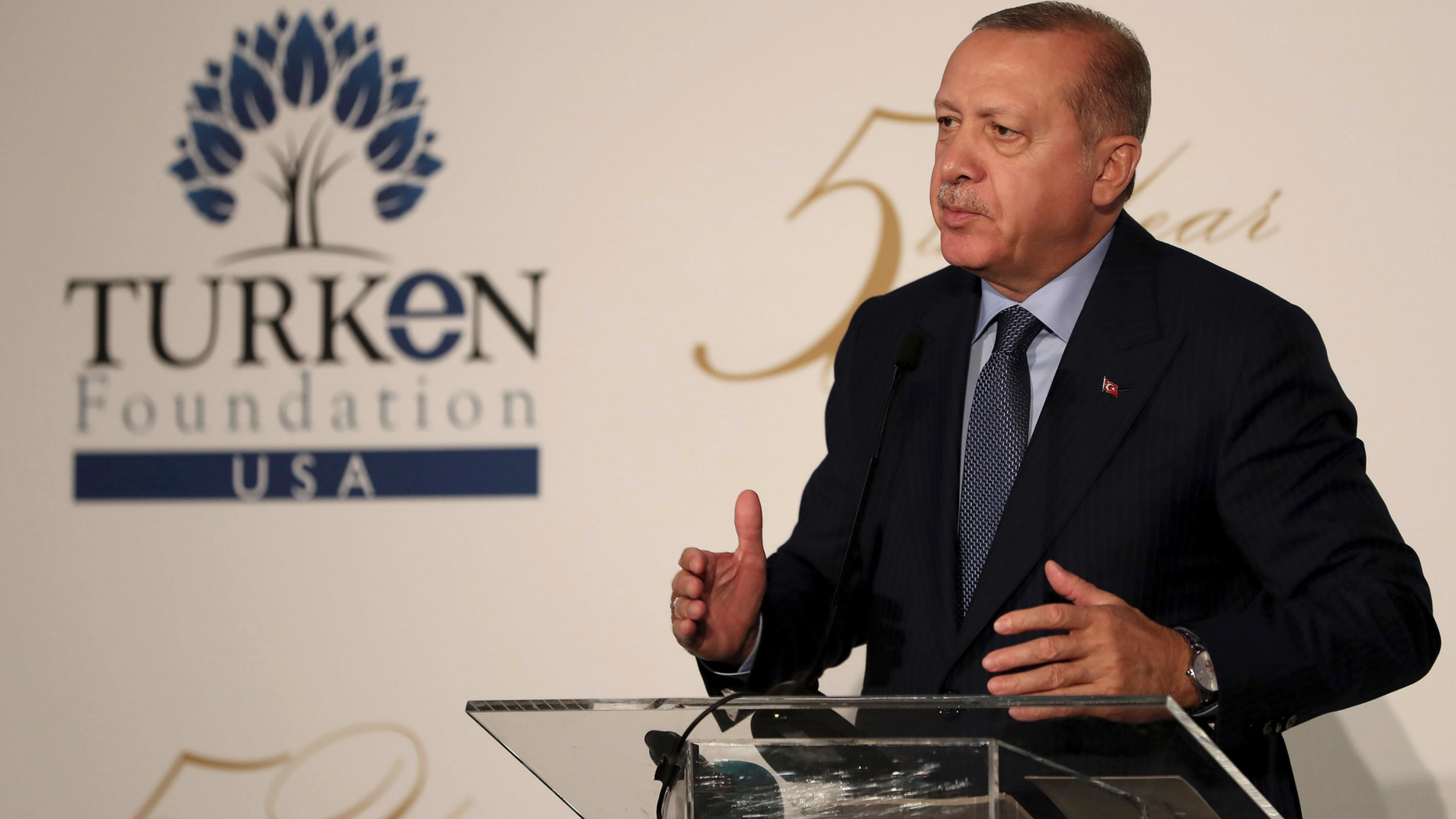 Turkey's President Recep Tayyip Erdogan addresses Turks living in United States, during a speach in New York, Monday, Sept. 24, 2018. Erdogan is in New York to attend the United Nations General Assembly meeting. (Presidential Press Service via AP, Pool)