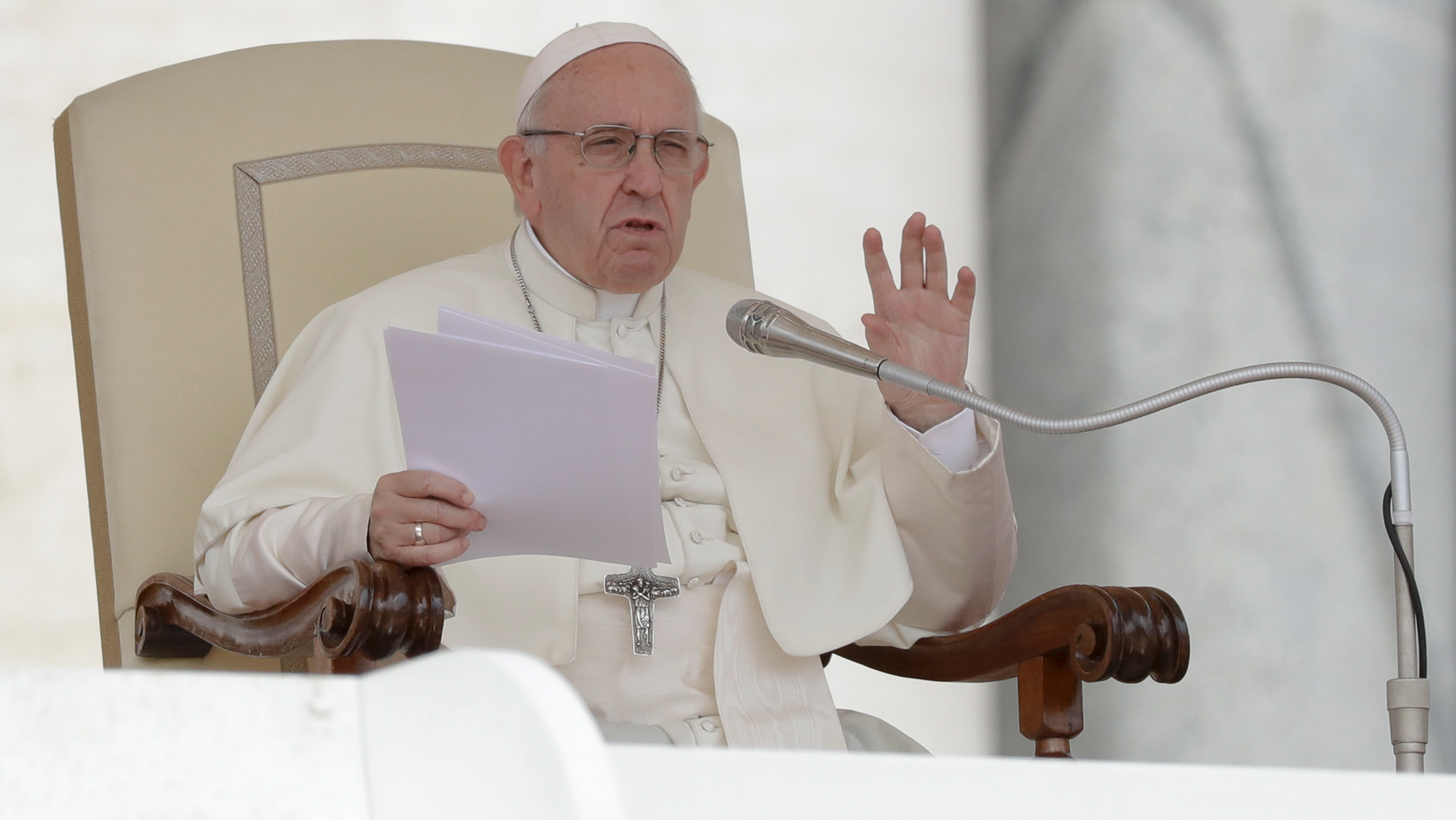 Pope Francis delivers his speech during his weekly general audience, in St. Peter's Square, at the Vatican, Wednesday, Sept. 19, 2018. (AP Photo/Andrew Medichini)