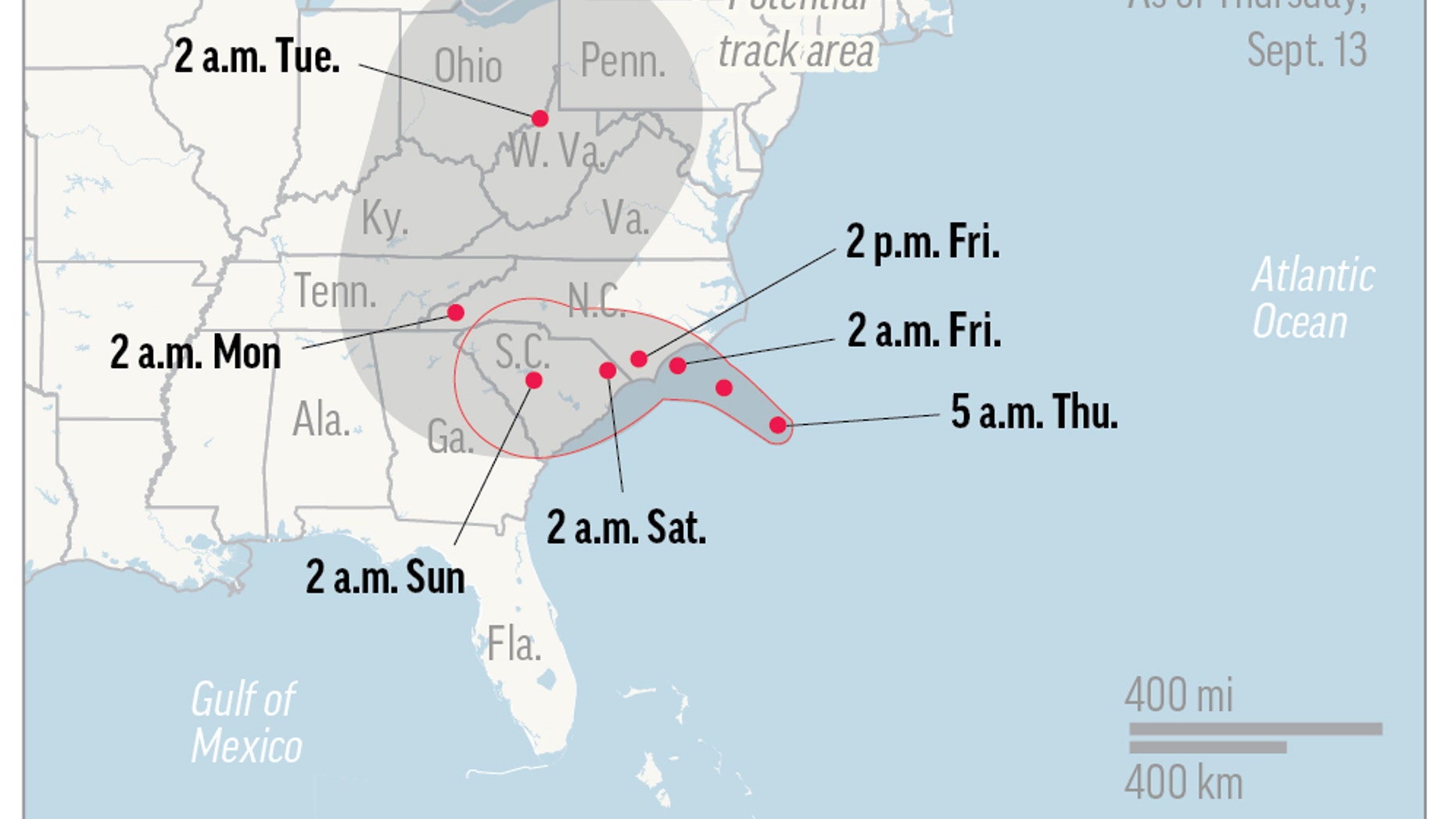 UPDATED THU 5 A.M. Map shows probable path of Hurricane Florence. ; 1c x 2 1/2 inches; 46.5 mm x 63 mm;