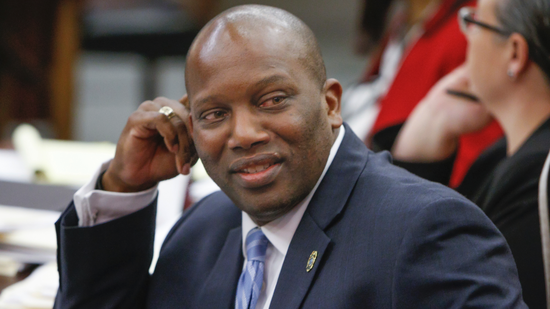 In this April 10, 2017 photo, 5th district Circuit Solicitor Dan Johnson confers with colleagues during a hearing in Richland County Court. Johnson was indicted Tuesday, Sept. 18, 2018 on more than two dozen charges related to the misspending of public funds on trips to foreign countries including the Netherlands and the Galapagos Islands. (Tracy Glantz/The State via AP)