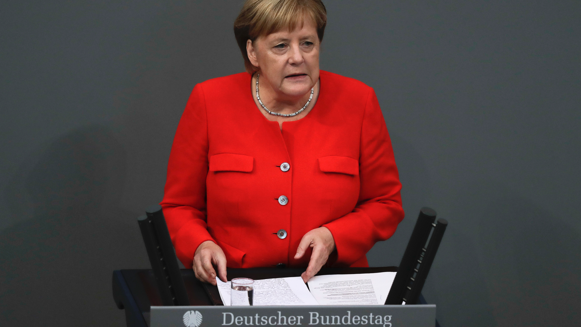 German Chancellor Angela Merkel delivers her speech during a plenary session of the German parliament Bundestag about the budget 2019, in Berlin, Wednesday, Sept. 12, 2018. (AP Photo/Markus Schreiber)