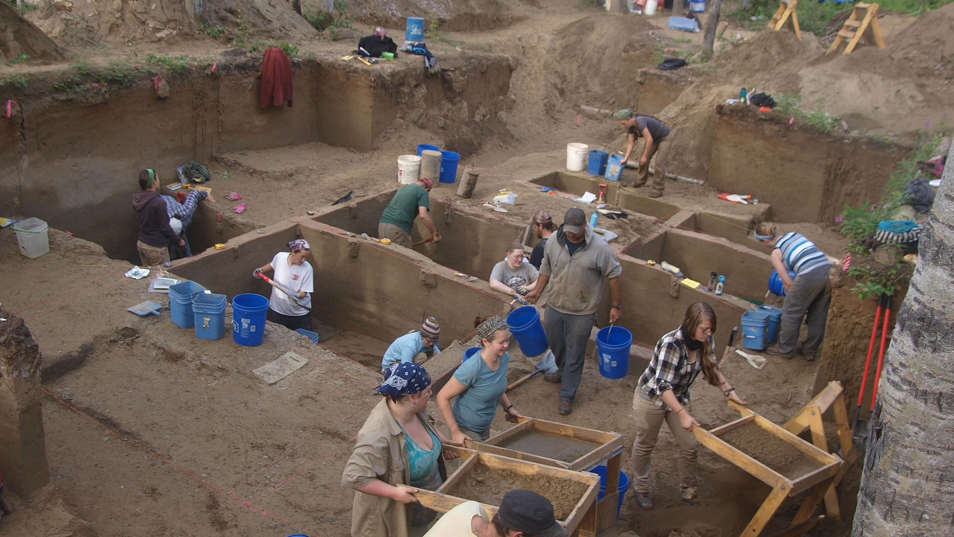 In this August 2013 photo provided by the University of Alaska, excavators work at the Upward Sun River discovery site in Alaska. According to a report released on Wednesday, Jan. 3, 2018, DNA from an infant who died in Alaska some 11,500 years ago, found at this site, is giving scientists the best look yet at the genetics of the ancestors of today’s native peoples of the Americas. (Ben Potter/University of Alaska via AP)