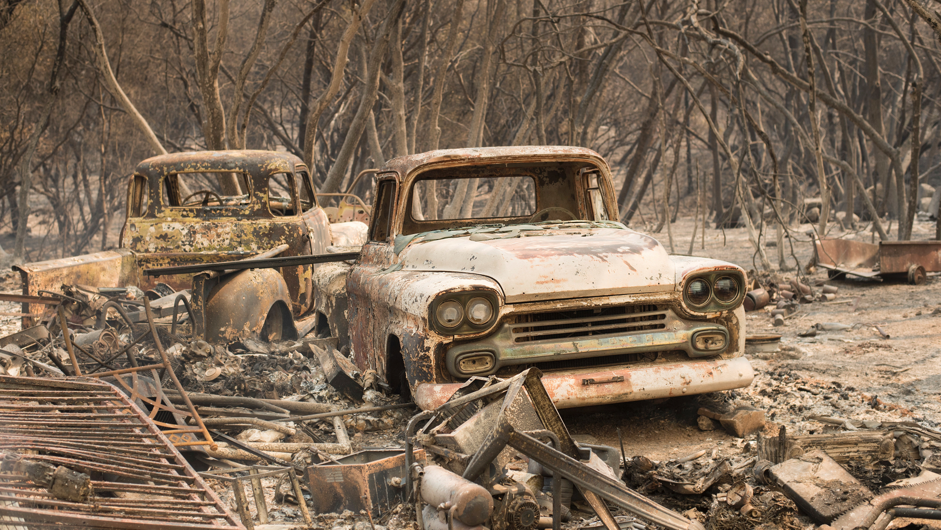 Vintage trucks burned by the Wall fire rest in a grove near Oroville, Calif., on Saturday, July 8, 2017.