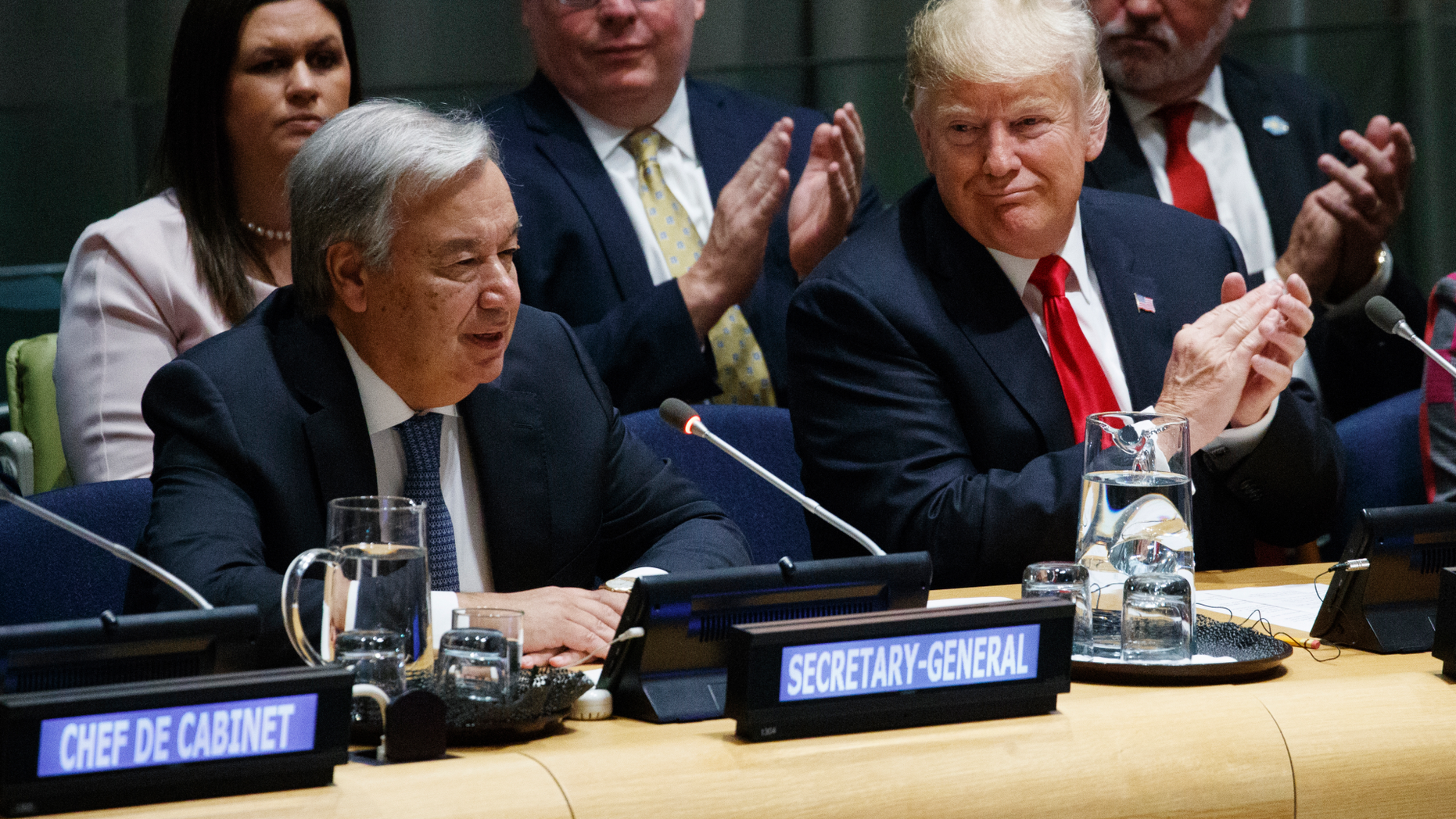 President Donald Trump listens as United Nations Secretary General Antonio Guterres speaks at the United Nations General Assembly, Monday, Sept. 24, 2018, at U.N. Headquarters. (AP Photo/Evan Vucci)
