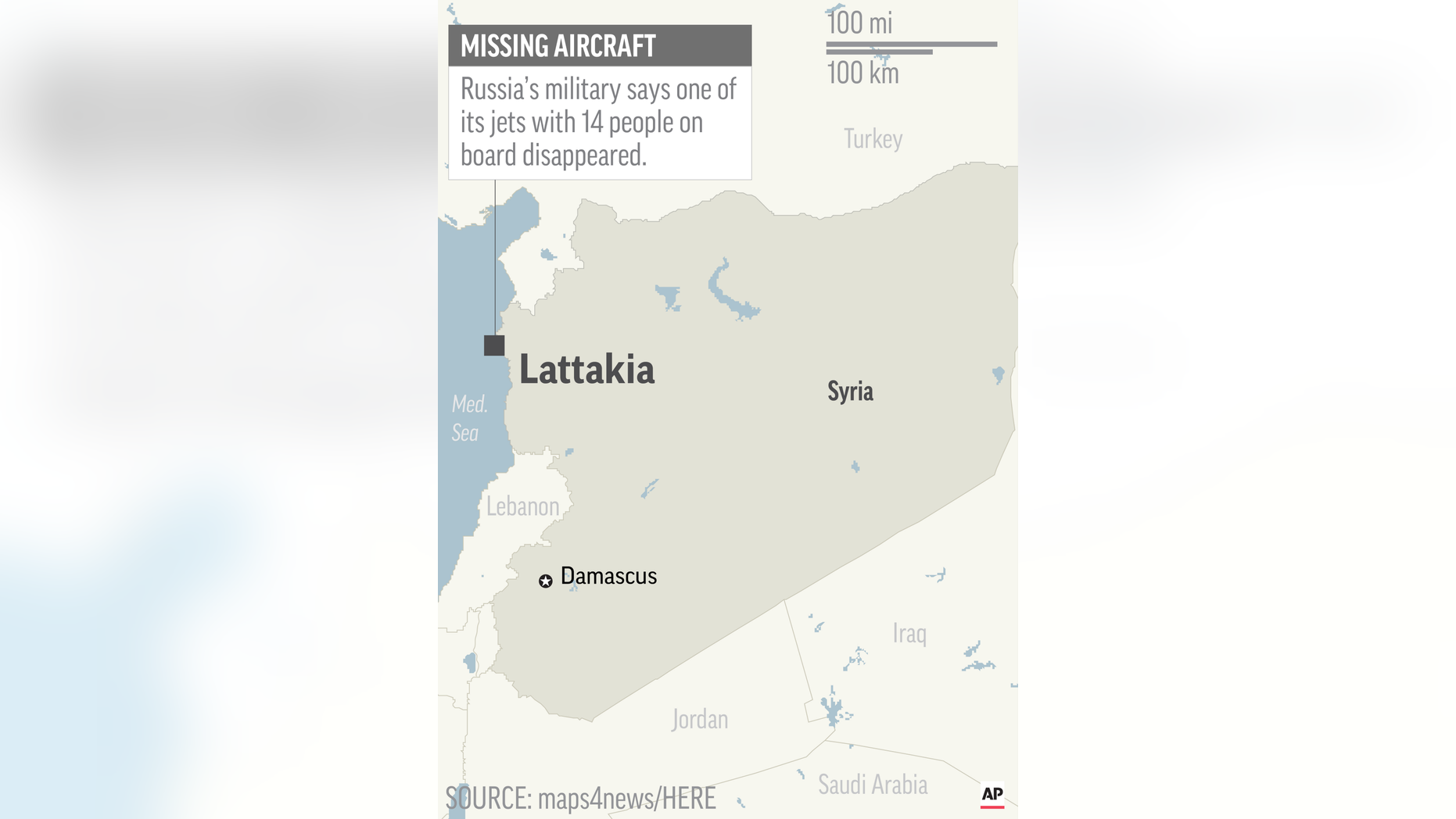 Map locates Lattakia, Syria, where Russian military says one of its jets disappeared; 1c x 2 1/2 inches; 46.5 mm x 63 mm;