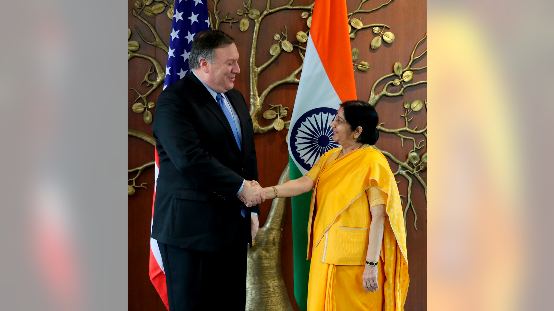 U.S. Secretary of State Mike Pompeo, left, shakes hand with Indian Foreign Minister Sushma Swaraj before a meeting in New Delhi, India, Thursday, Sept. 6, 2018. Pompeo and Defense Secretary James Mattis are holding long-delayed talks Thursday with top Indian officials, looking to shore up the alliance with one of Washington's top regional allies. (AP Photo/Manish Swarup)