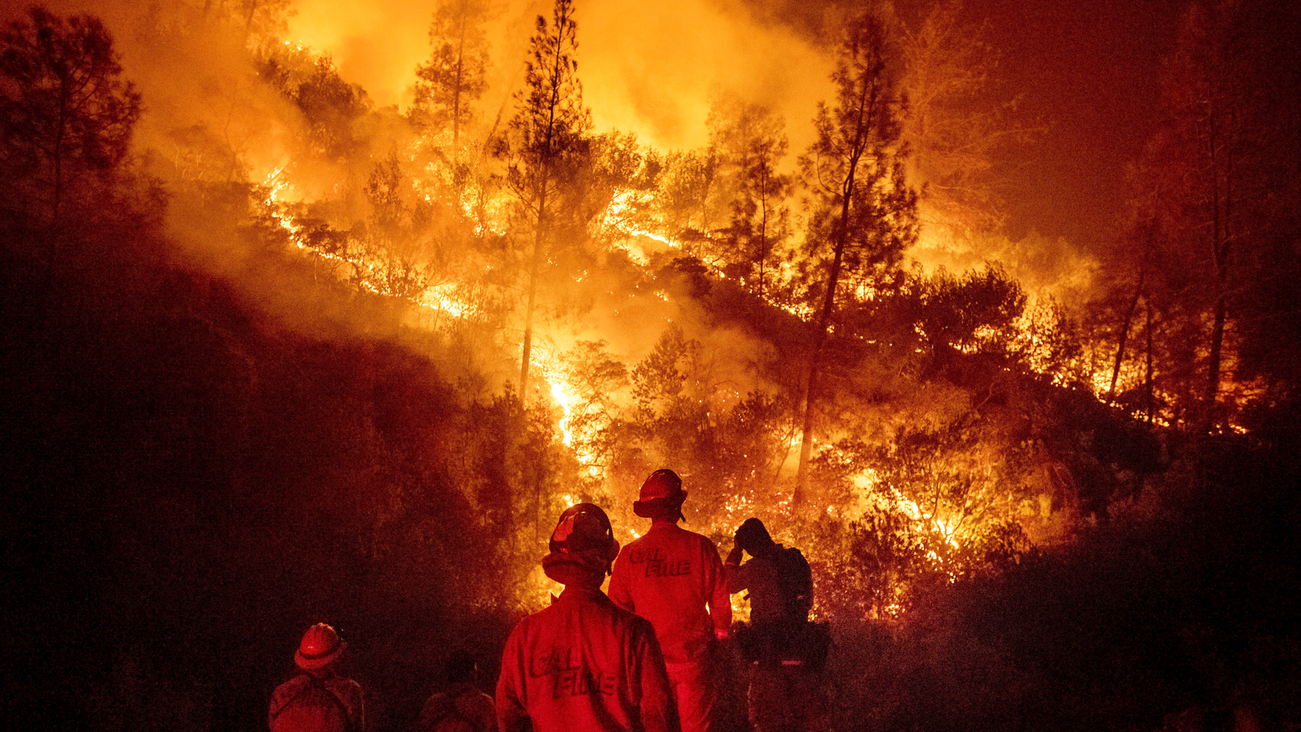 FILE - In this Aug. 7, 2018 file photo, firefighters monitor a backfire while battling the Ranch Fire, part of the Mendocino Complex Fire near Ladoga, Calif. The U.S. Forest Service says the largest wildfire in California history is now 100 percent contained. The service said Wednesday, Sept. 19, 2018, the Mendocino Complex, twin fires that erupted in July in Lake County, scorched 720 square miles (1,865 square kilometers) of brush and timber north of San Francisco, destroyed 157 homes and killed a firefighter. (AP Photo/Noah Berger, File)