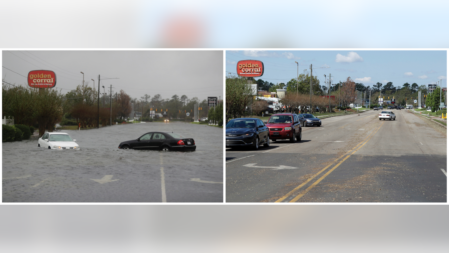 In this combination of photos, water inundates a street on Sept. 15, 2018, left, and on Sept. 19, 2018, after the water receded in the aftermath of Hurricane Florence in Wilmington, N.C. (AP Photo/Chuck Burton)