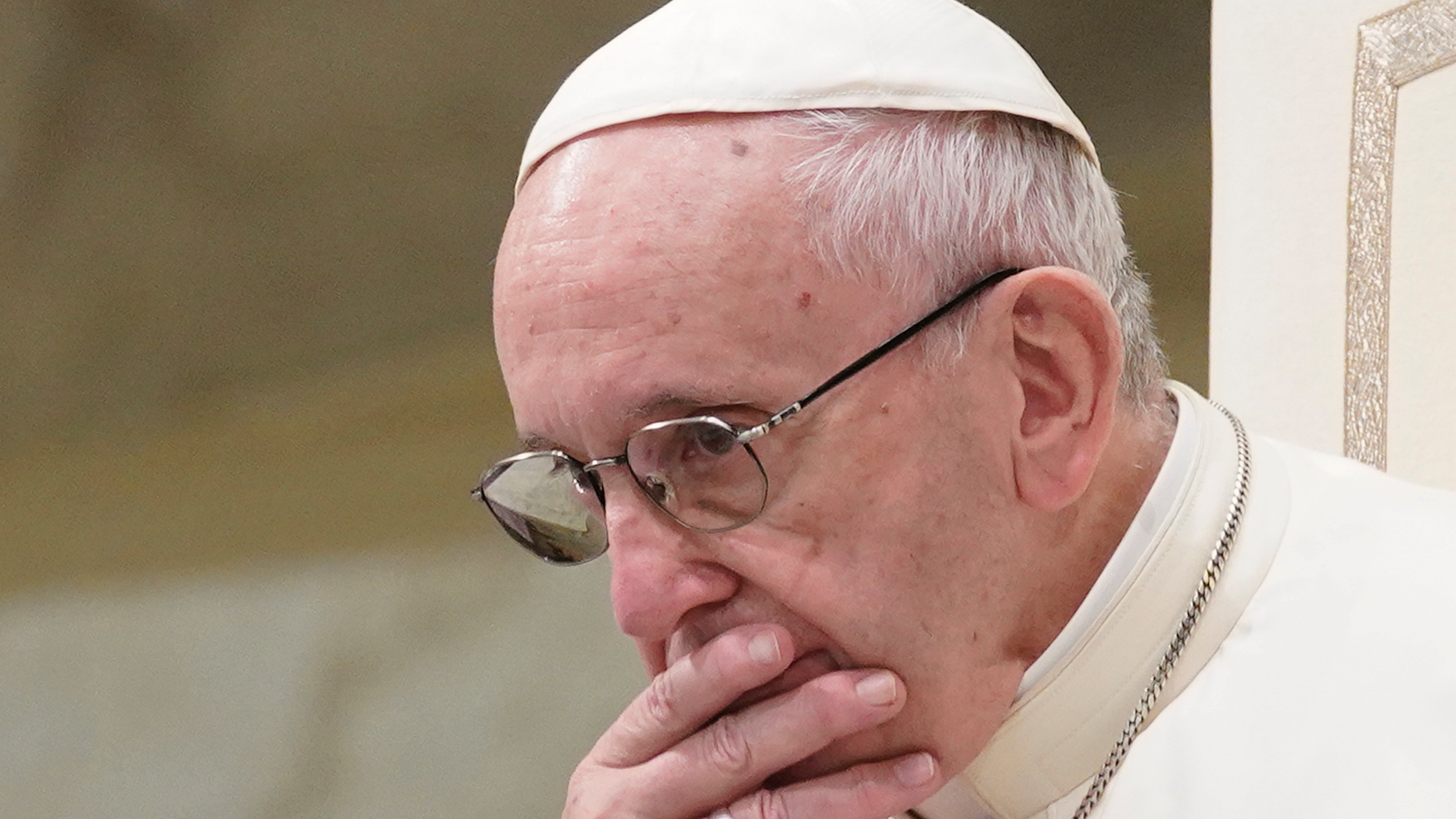 FILE - In this Aug. 22, 2018 file photo, Pope Francis is caught in pensive mood during his weekly general audience at the Vatican. Francis' papacy has been thrown into crisis by accusations that he covered-up sexual misconduct by ex-Cardinal Theodore McCarrick. (AP Photo/Andrew Medichini, File)