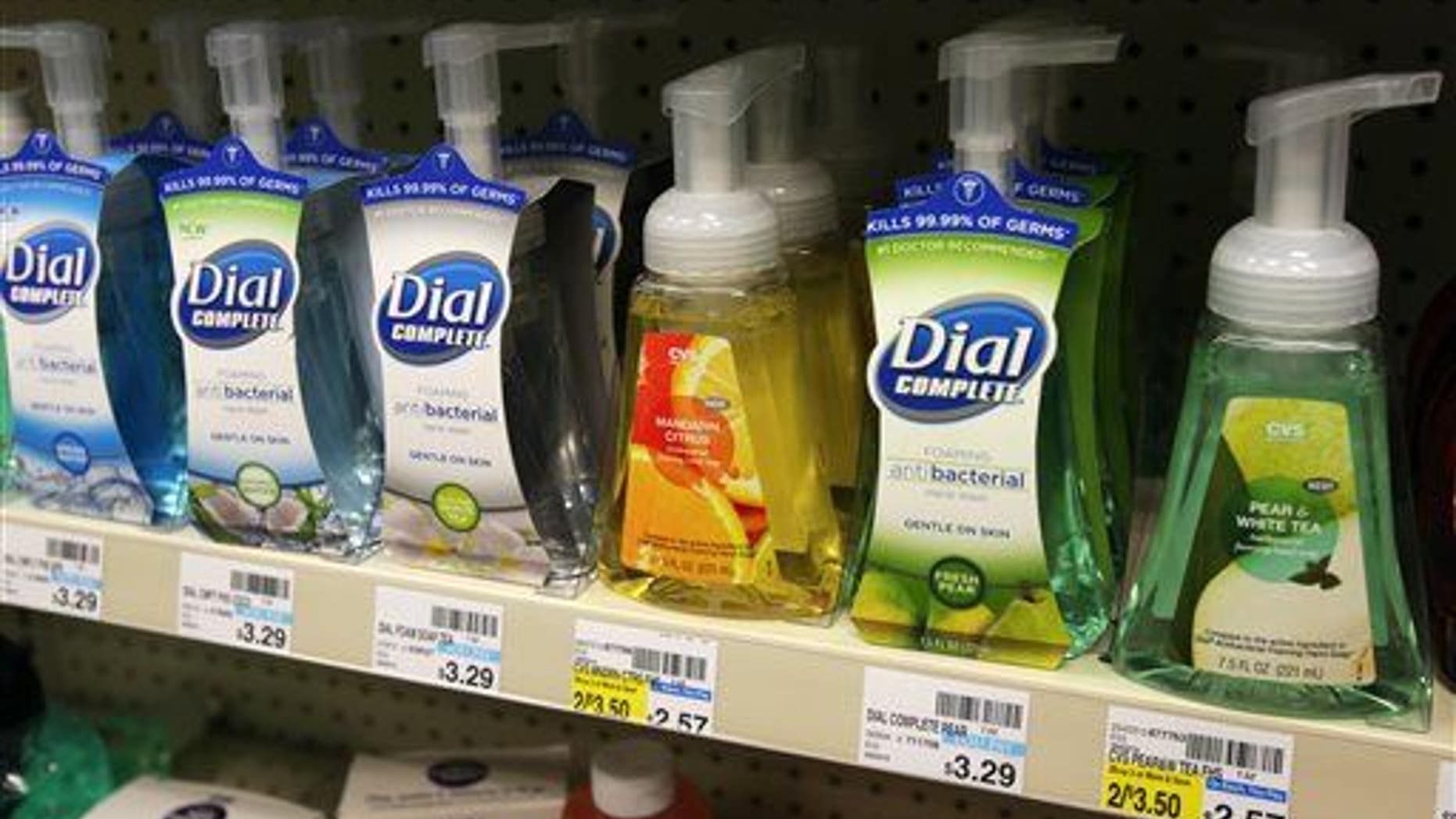Soaps containing the antibacterial chemical triclosan are displayed on a shelf at a Minneapolis pharmacy.