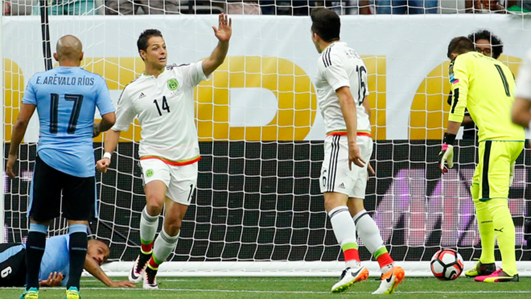 Mexico forward Javier "Chicharito" Hernandez (14) high fives Hector Herrera, right, after Herrera scored a goal during the first half of a Copa America group C soccer match against Uruguay at University of Phoenix Stadium, Sunday, June 5, 2016, in Glendale, Ariz. (AP Photo/Matt York)