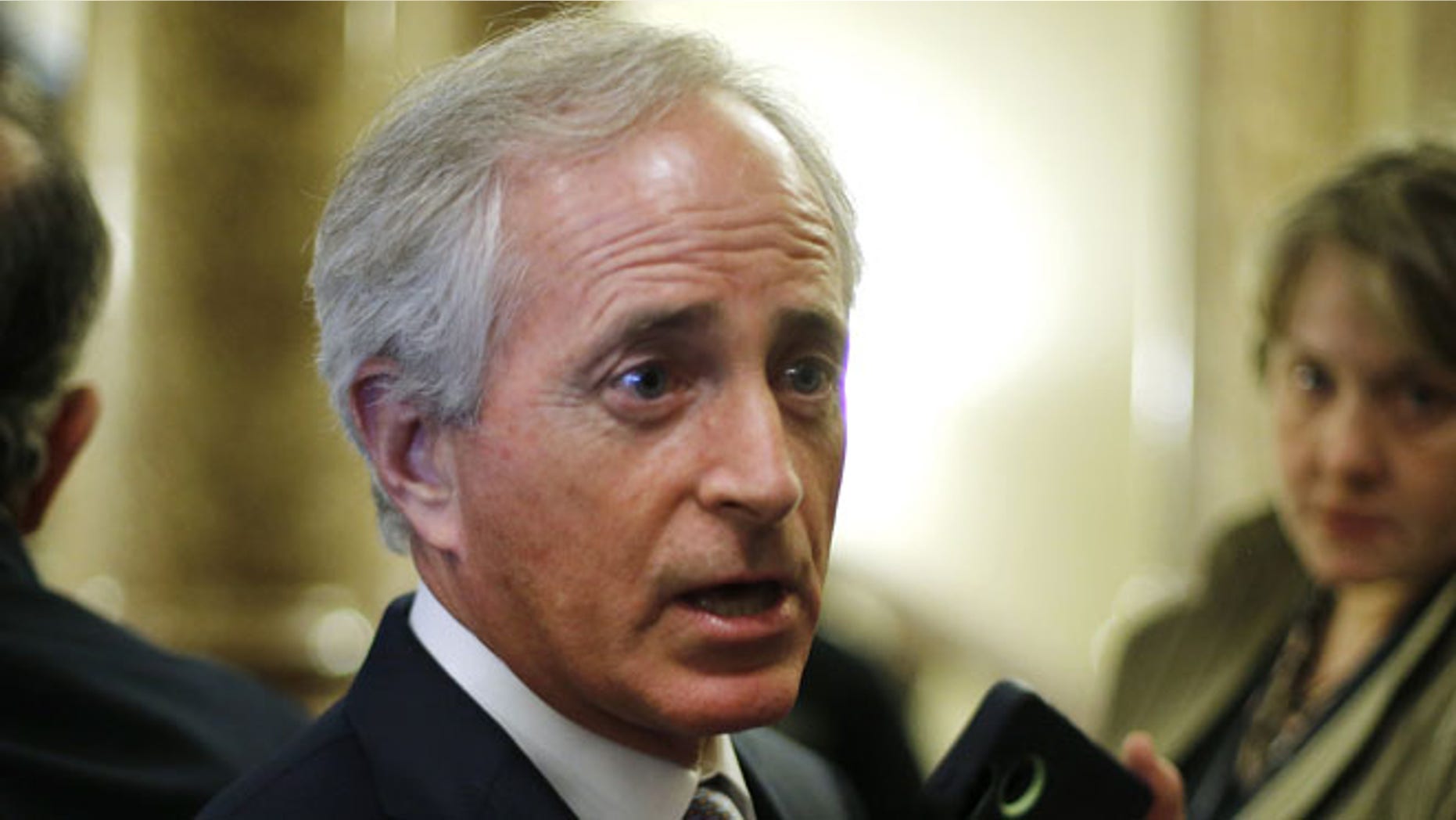 FILE: Jan. 7, 2015: Sen. Bob Corker, R-Tenn., speaks with reporters at the U.S. Capitol, in Washington, D.C.