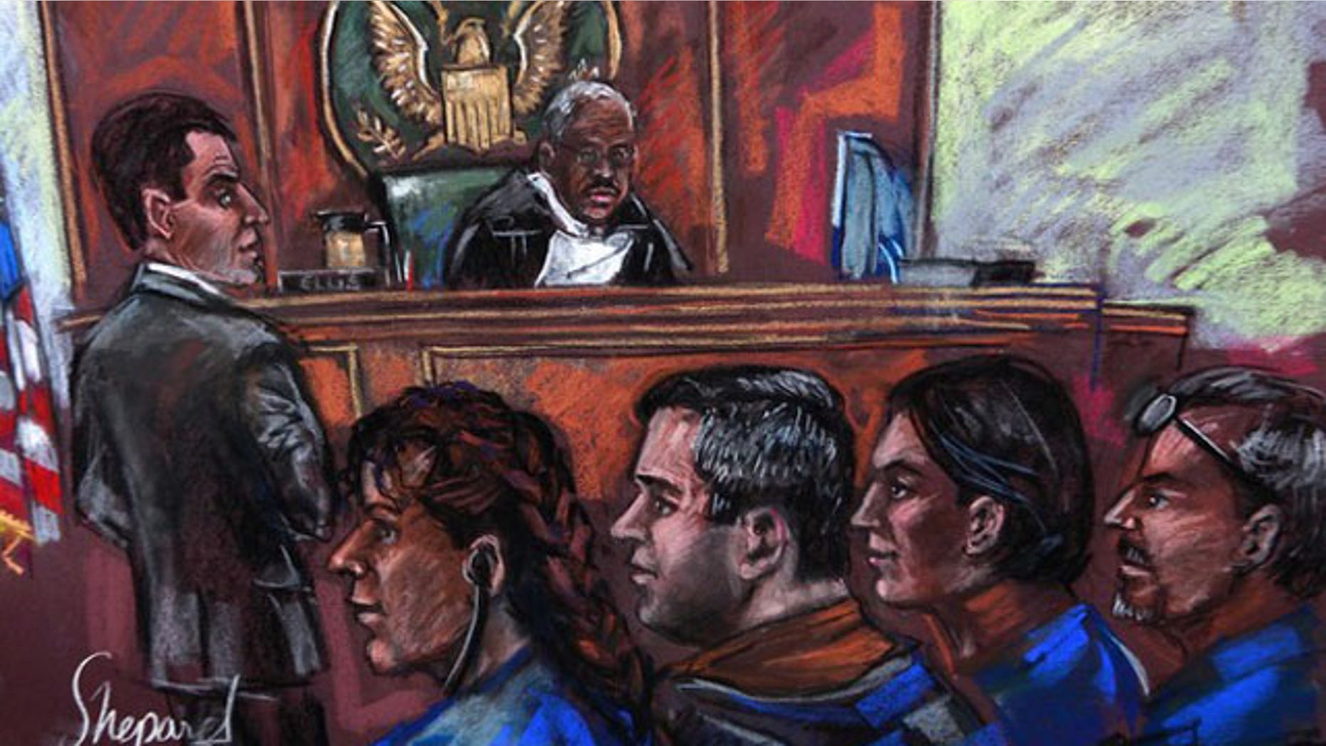 July 1: Russian spy suspects Vicky Pelaez, Richard Murphy, Cynthia Murphy and Juan Lazaro, are seen in this courtroom sketch during an appearance at the Manhattan Federal Court in New York.