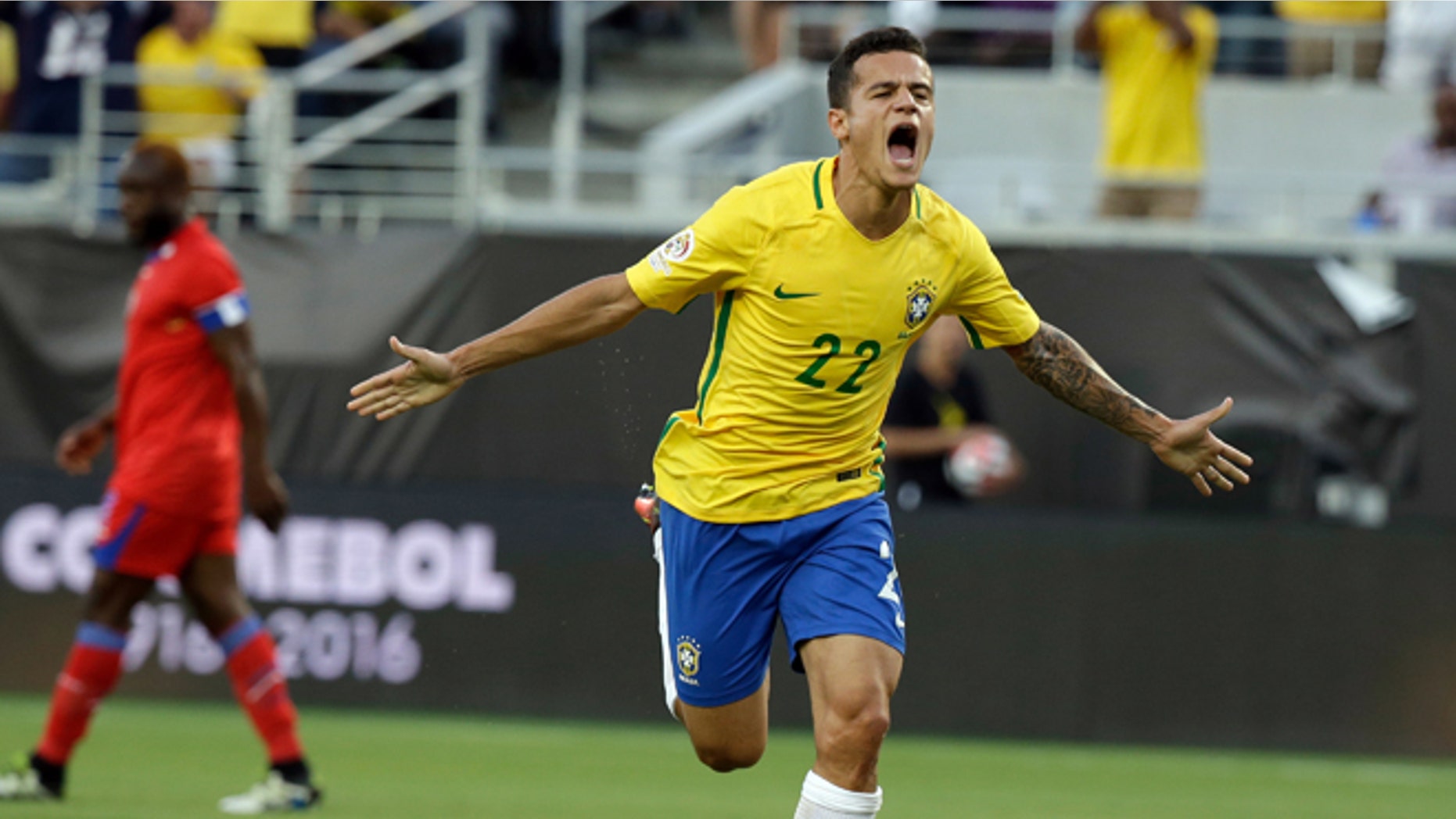 Philippe Coutinho celebrates after scoring a goal against Haiti on Wednesday, June 8, 2016, in Orlando, Fla.