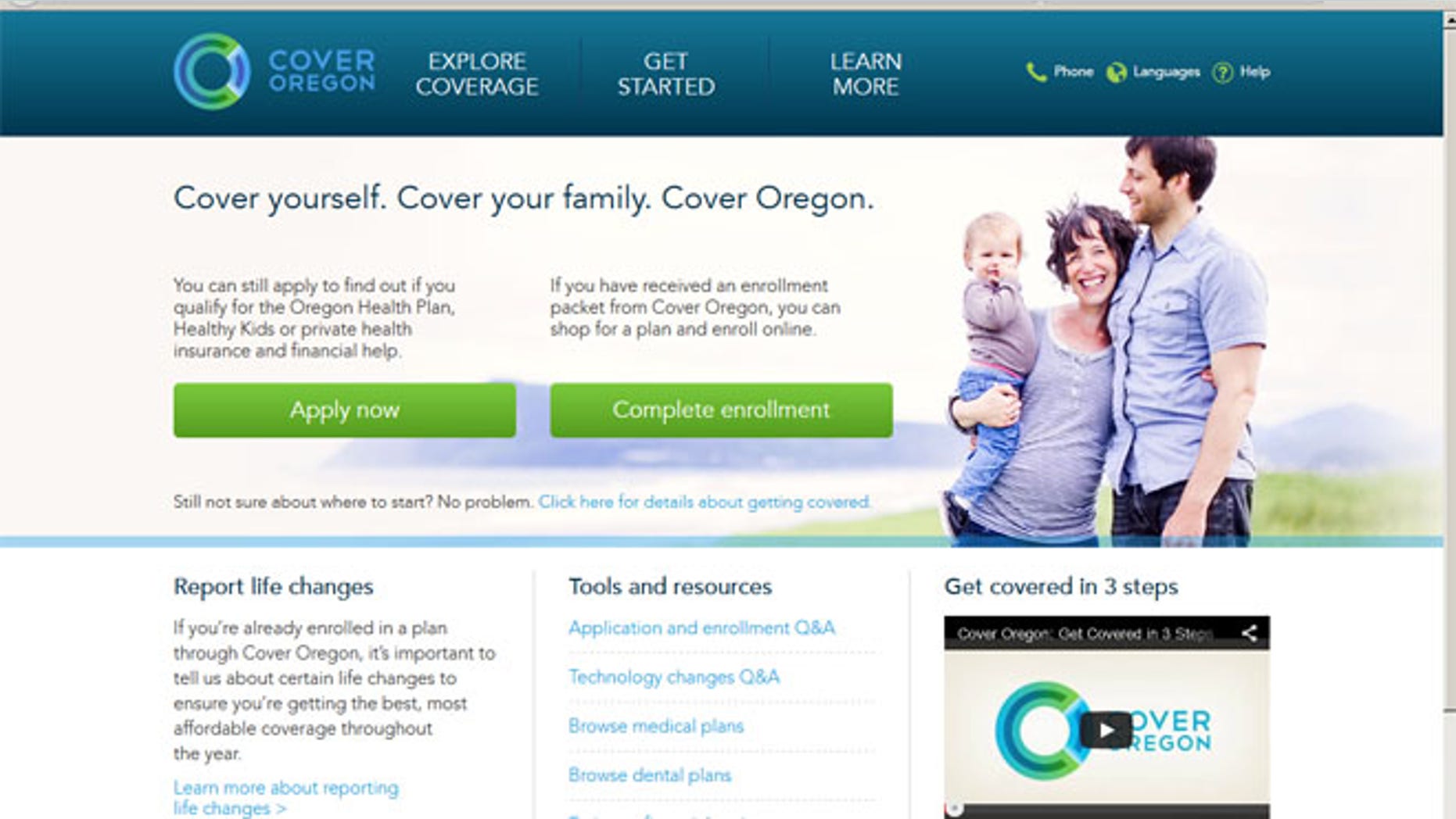 May 5, 2014: Screen grab from Cover Oregon's website