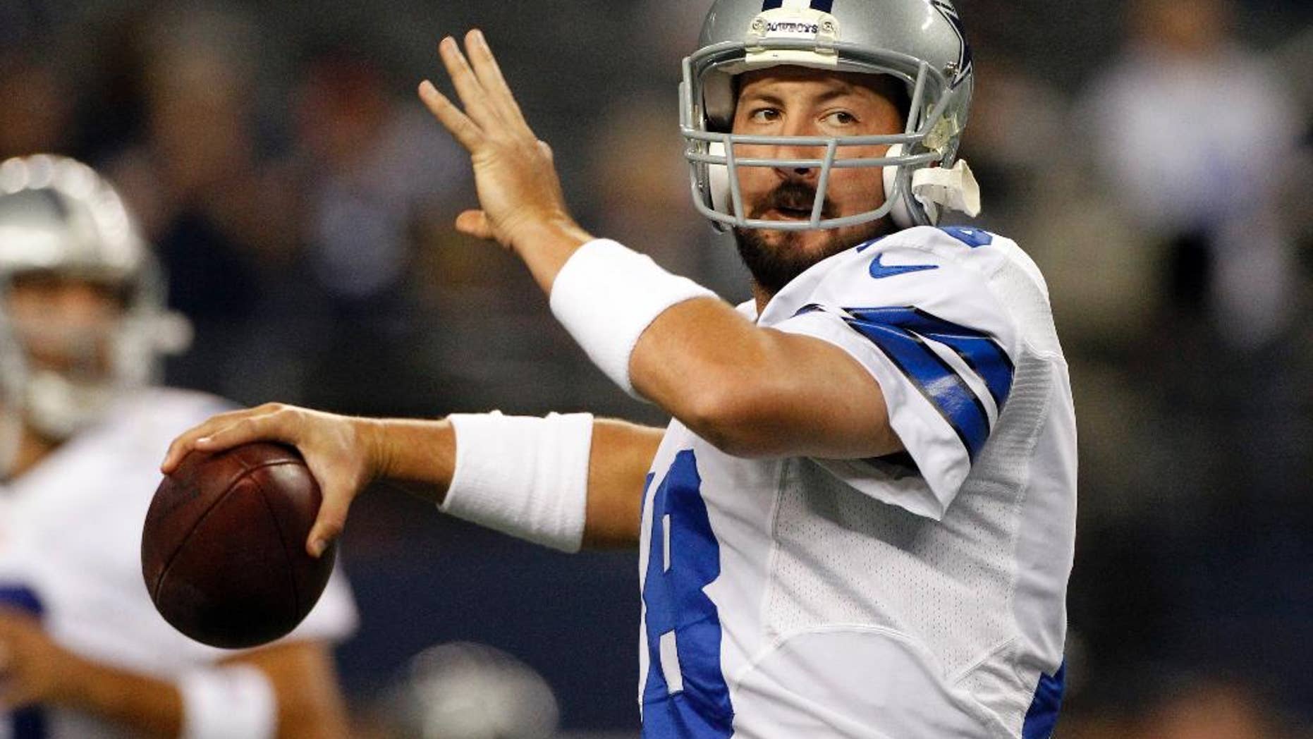 FILE - In this Sunday Dec. 2, 2012 file photo, Dallas Cowboys quarterback Kyle Orton (18) passes the ball before an NFL football game against the Philadelphia Eagles in Arlington, Texas. The Dallas Cowboys are releasing Kyle Orton after their backup quarterback missed all the offseason workouts amid reports that he was considering retirement, Tuesday, July 15, 2014.(AP Photo/Tony Gutierrez, File)