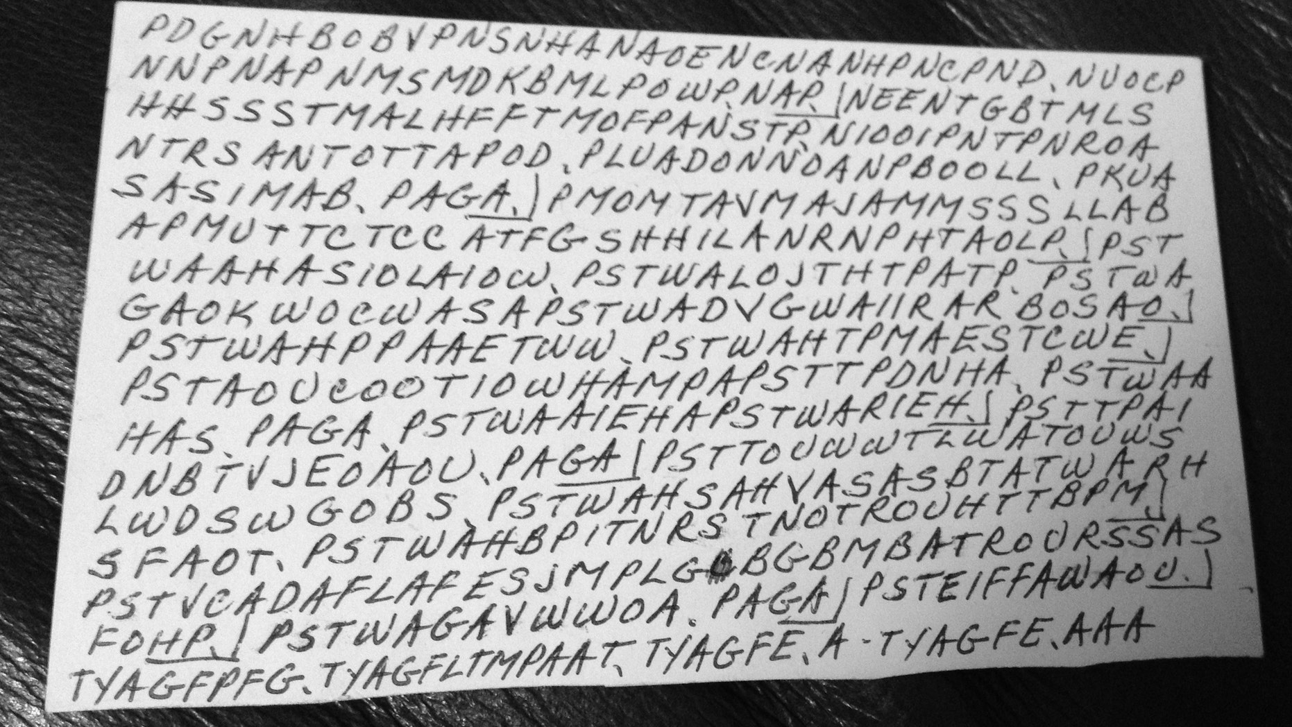 This undated family photo shows the front of an index card filled with letters written by Dorothy Holm.