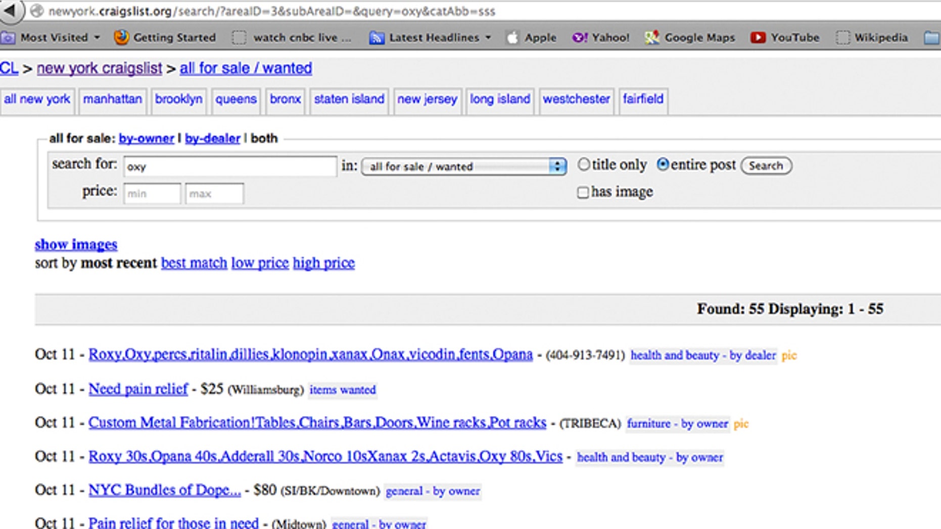 Oct. 11, 2012: This photo of a computer screen shows a list of Craigslist ads, including several for drugs, in New York.