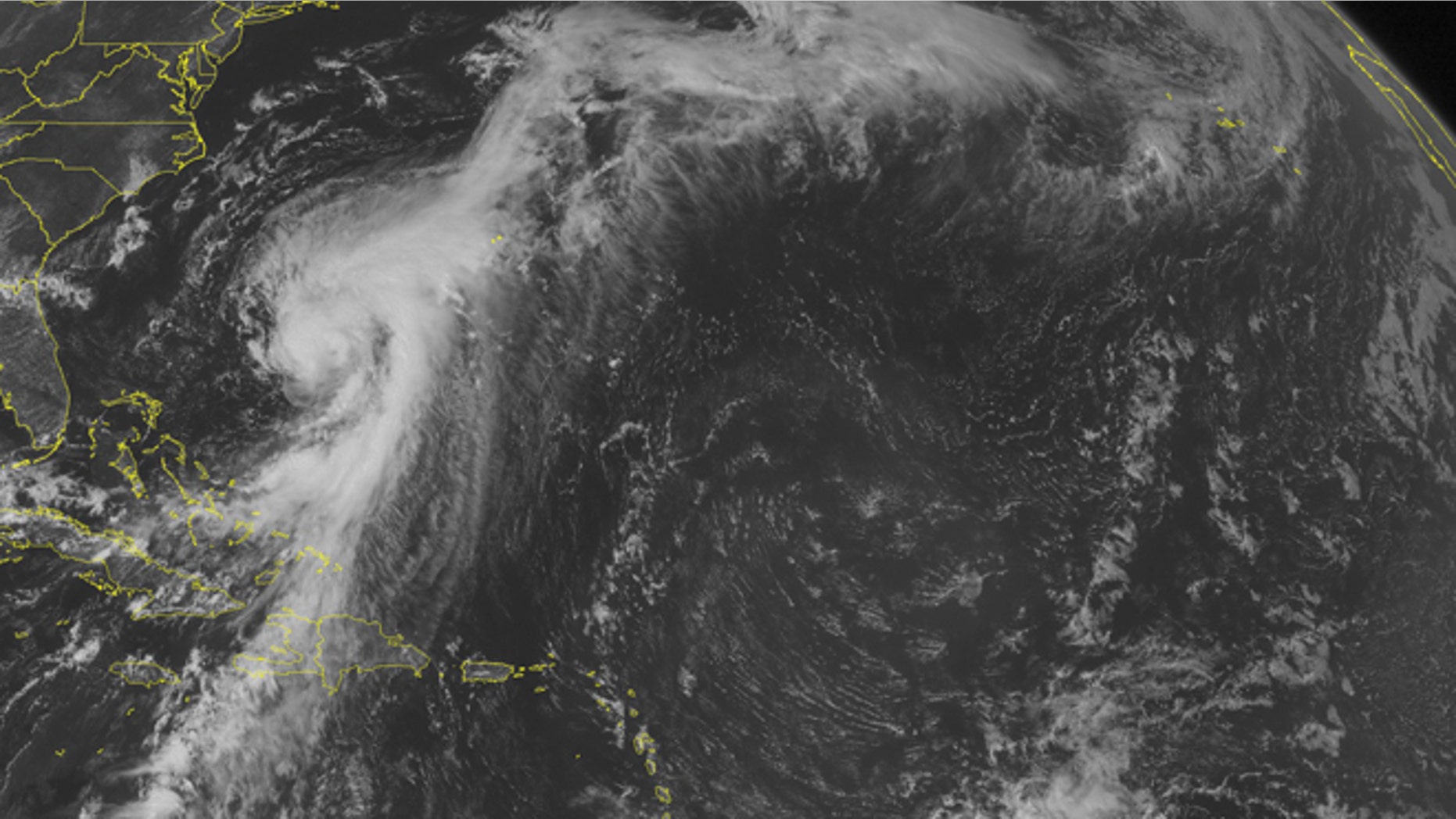 This NOAA satellite image taken Tuesday, Aug. 26, 2014 at 01:45 PM EDT shows some stormy weather across the Caribbean. The most noticeable weather is occurring over Cuba and the Bahamas. This is from the tail end of Hurricane Cristobal. The storm has winds sustained at 75 MPH and is moving away from land. (AP Photo/Weather Underground)