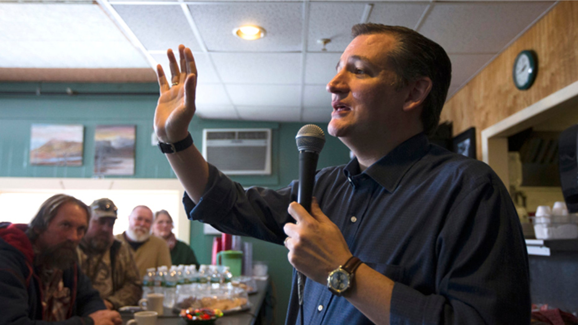 In this Jan. 19, 2016, photo, Republican presidential candidate, Sen. Ted Cruz, R-Texas speaks during a campaign stop at Lino's Restaurant in Sanbornville, N.H. Cruz is dreaming of a face-off with Democratic front-runner Hillary Clinton, even before the first primary votes are cast. He warns his supporters about what he thinks America will look like under a Clinton administration, predicting a nuclear-armed Iran, amnesty for millions of people in America illegally and the continuation of President Barack Obamas health care law.(AP Photo/John Minchillo)