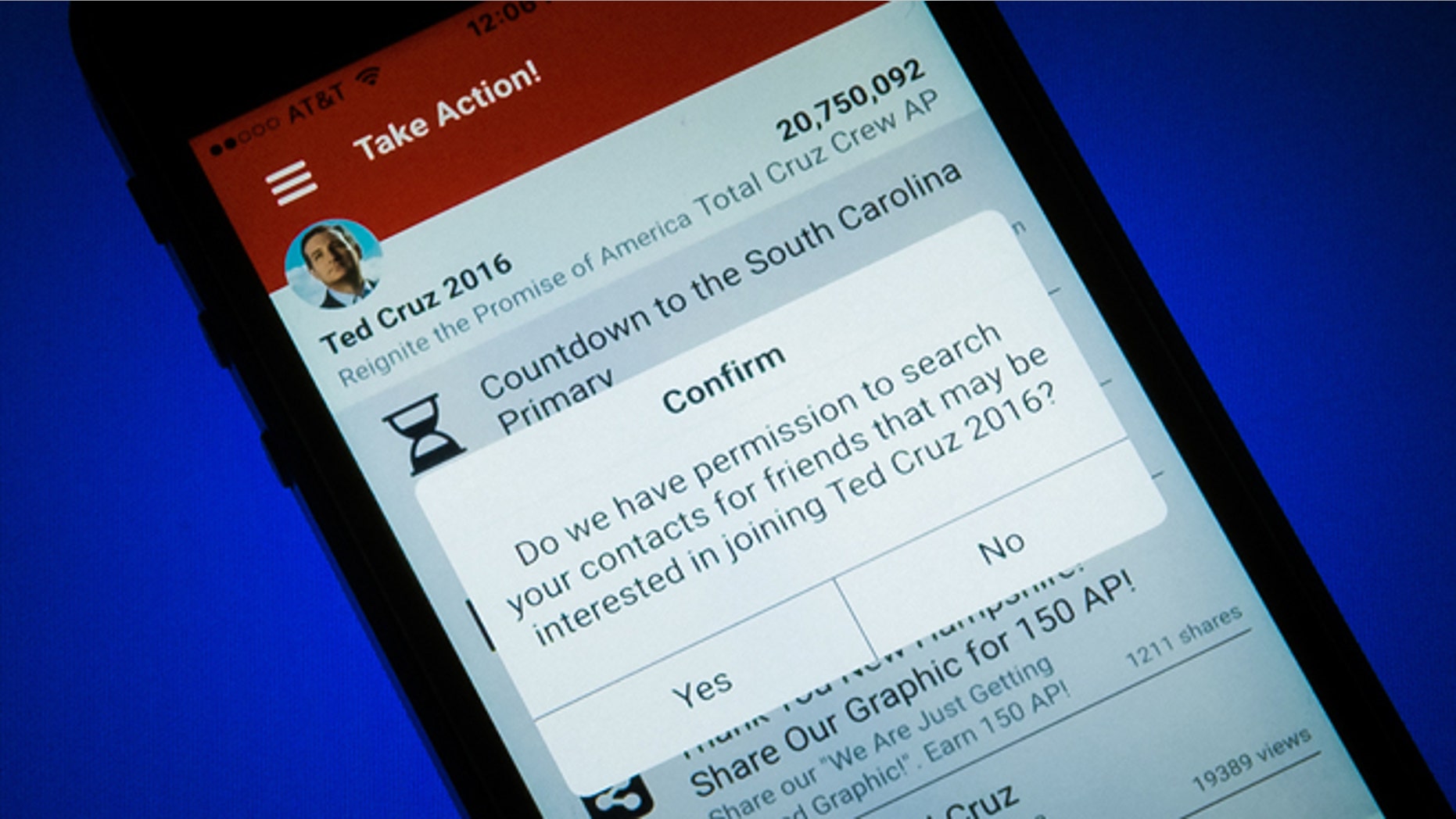 A request to search your contacts by the Ted Cruz mobile app is photographed on an iPhone in the Washington Bureau of the Associated Press, Thursday, Feb. 11, 2016. Republican presidential candidate Ted Cruz has campaigned against government spying on law-abiding citizens, but his campaign is testing the limits with personal data from his supporters. (AP Photo/J. David Ake)(AP Photo/J. David Ake)