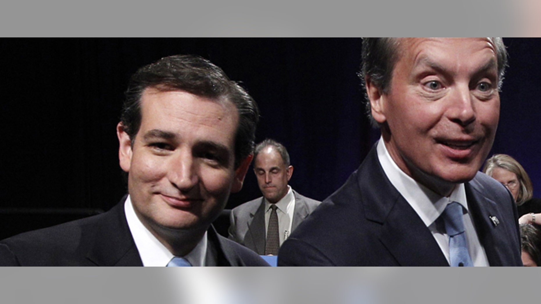FILE - In this June 22, 2012 file photo, Texas Senate Candidates Ted Cruz, left, and Texas Lt. Gov. David Dewhurst , right, are seen after their televised debate in Dallas, Texas. Democrats have their thumbs heavily on Republican scales in Senate primaries in Missouri and Wisconsin this summer, hoping to tip the balance and improve their own chances of maintaining a majority in November. The idea isn't as far-fetched as it might sound. ( AP Photo/Pool/LM Otero, File)