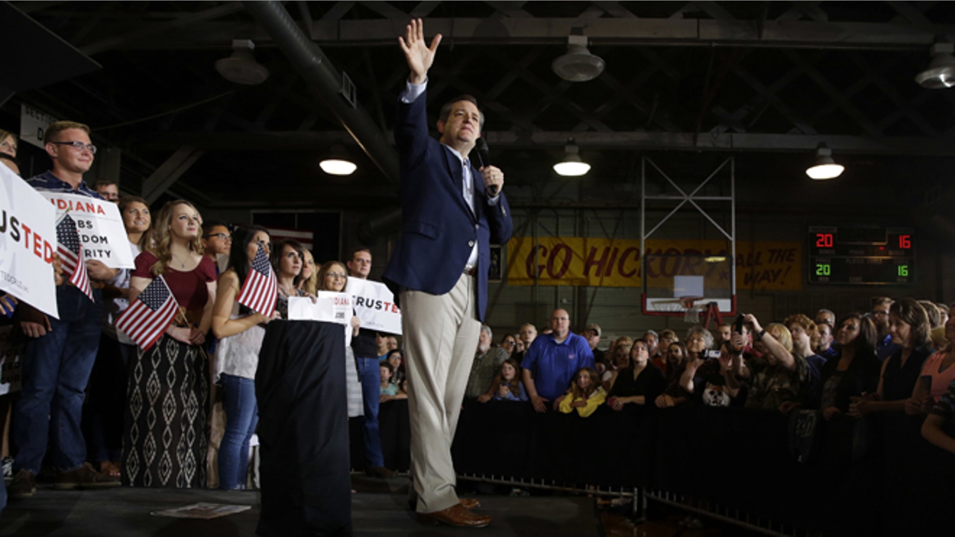 Republican presidential candidate Sen. Ted Cruz, R-Texas, speaks during a rally at the Hoosier Gym in Knightstown, Ind., Tuesday, April 26, 2016. (AP Photo/Michael Conroy)