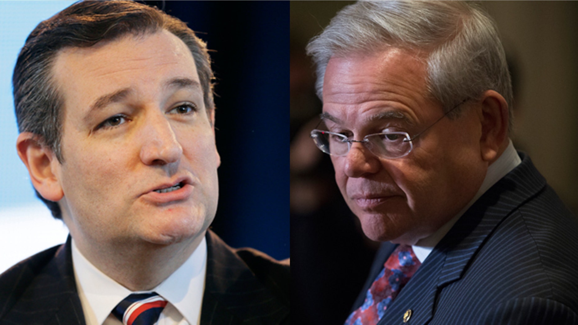Left: Sen. Ted Cruz, R-Texas, speaks during the Iowa Agriculture Summit, Saturday, March 7, 2015, in Des Moines, Iowa. (AP Photo/Charlie Neibergall) Right: Sen. Bob Menendez, D-N.J., speaks to reporters during a news conference in Newark, N.J. on Friday, March 6, 2015. (AP Photo/John Minchillo)