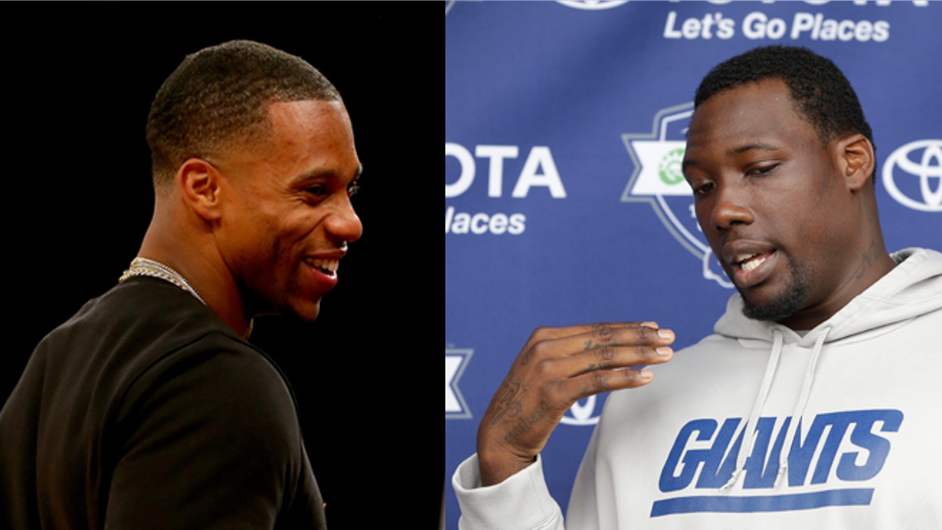 New York Giants wide receivers Victor Cruz (left) and Jason Pierre-Paul.
