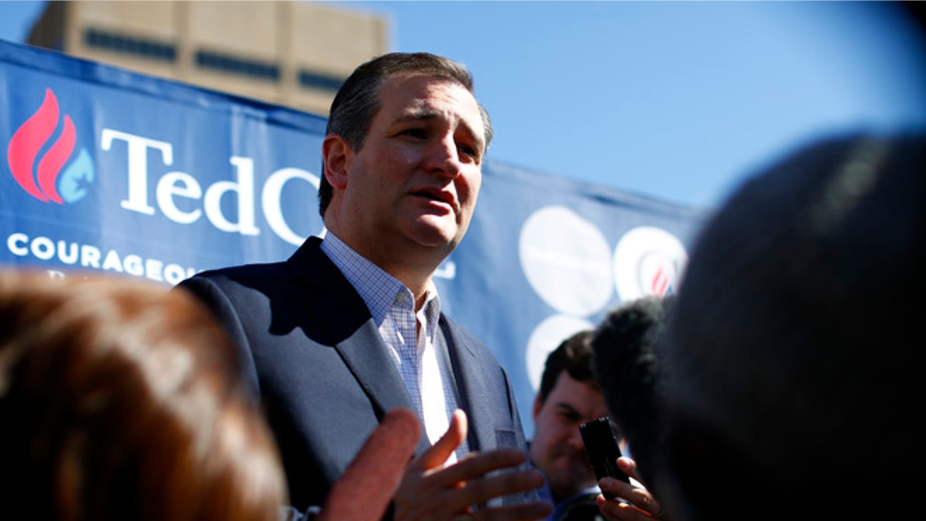 Republican presidential candidate, Sen. Ted Cruz, R-Tx., speaks to media during a rally at Liberty Plaza in Atlanta on Saturday, Feb. 27, 2016. (AP Photo/Kevin Liles)