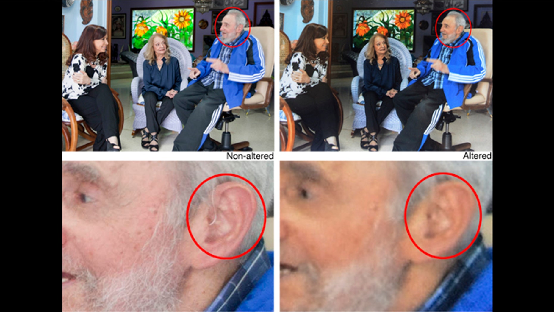 COMBO - This photo combination of four handout pictures show, top left, an unaltered image provided by photographer Alex Castro of Argentina's President Cristina Fernandez, left, with Cuban leader Fidel Castro, right, and Fidel's wife Dalia Soto del Valle during a private meeting, Jan. 26, 2014, in Havana, Cuba. On the top right is the same image released through Estudios Revolucion, digitally altered to remove what appears to be a hearing aid from the retired leader's ear. The bottom left image is a blown up view of the unaltered image and the bottom right image is a blown up view of the altered image. The Associated Press is eliminating from its archive this image and six more of the Cuban government handout photos of Fidel Castro meeting with leaders participating in a recent Latin America and Caribbean summit, after determining some were digitally altered. (AP Photo/Alex Castro, Cubadebate)