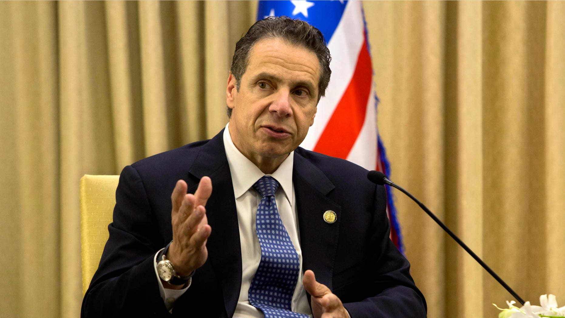 FILE - In this Aug. 13, 2014 file photo, New York Gov. Andrew Cuomo speaks during his meeting with Israel's President Reuven Rivlin, at the President's residence in Jerusalem. Cuomo, who visited Israel last year in a rare trip outside the U.S., has announced a series of overseas trade missions. He will be the first sitting American governor to visit Cuba since the recent thaw in relations with the communist nation. (AP Photo/Sebastian Scheiner, File)