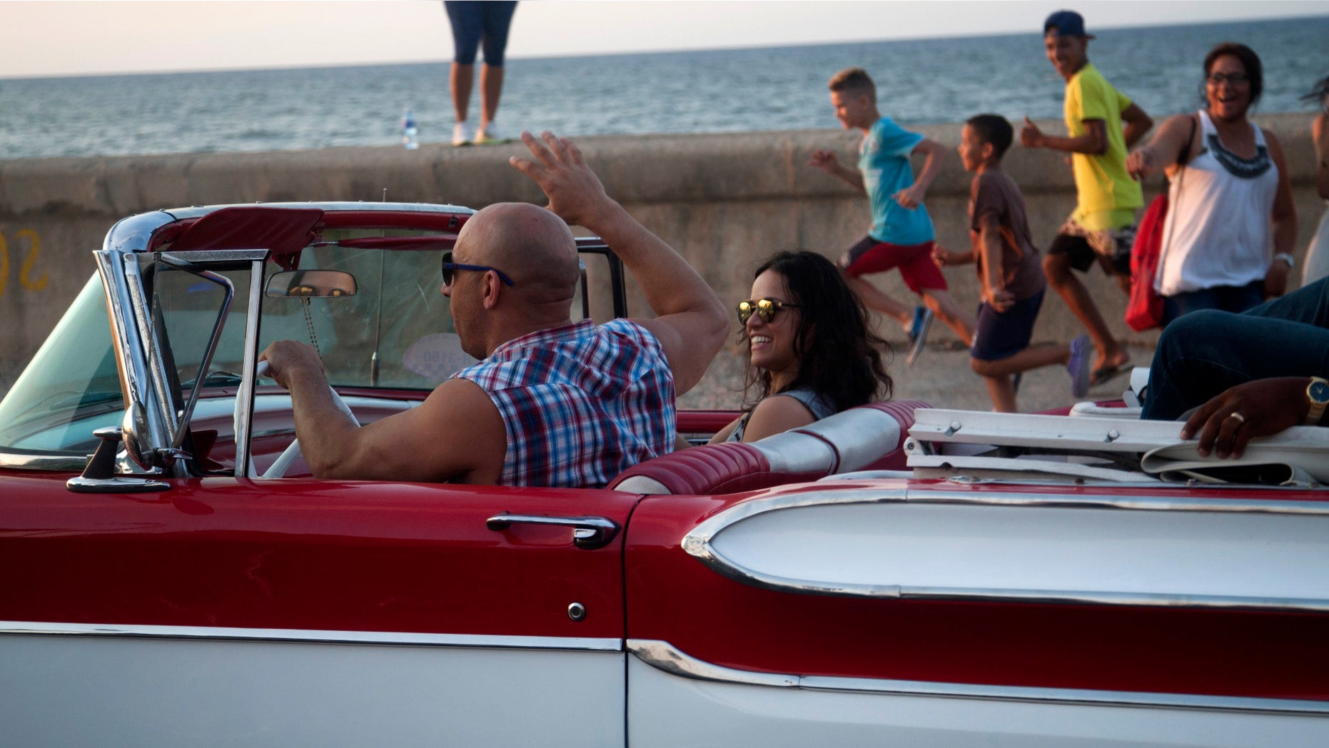 Actors Vin Diesel and Michelle Rodriguez on Havana's malecon, Thursday, April 28, 2016.
