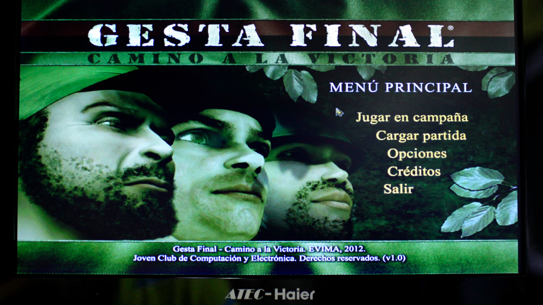 This March 22, 2013 photo, shows a video screen displaying the menu page for the game "Gesta Final" - which translates roughly as "Final Heroic Deed," at a technology fair in Havana, Cuba. Island programmers have unveiled the brand new 3-D shoot-'em-up video game that puts a distinctly Cuban twist on gaming, letting players recreate decisive clashes from the 1959 revolution and giving youngsters a taste of the uprising in which many of their grandparents fought.(AP Photo/Franklin Reyes)