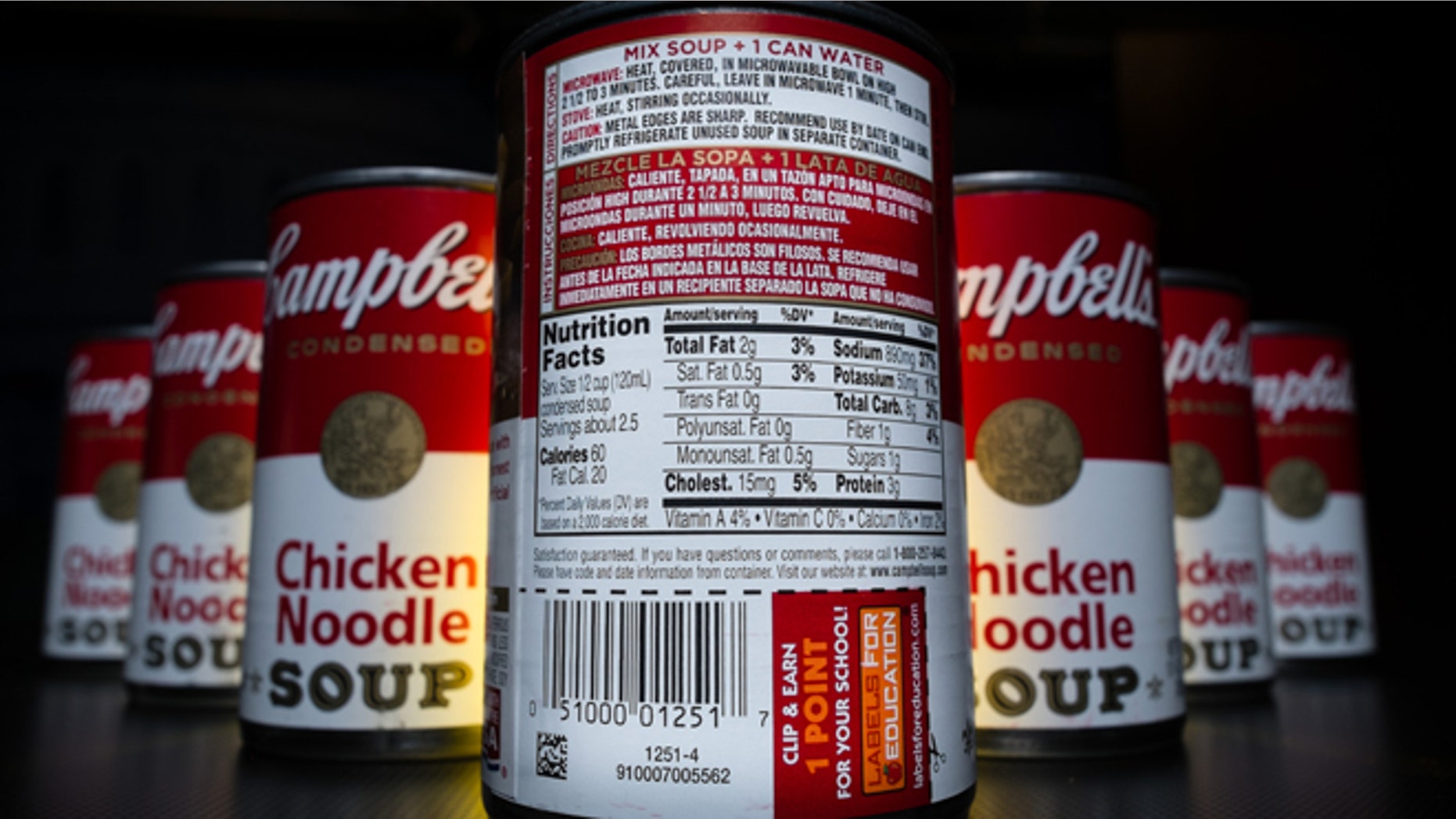 The nutrition information is shown on the back of a Campbell's Chicken Noodle soup can in Washington, Wednesday, Jan. 8, 2014. Some of the nation's largest food companies have curt their calories by the trillions according to a new study. (AP Photo/J. David Ake)