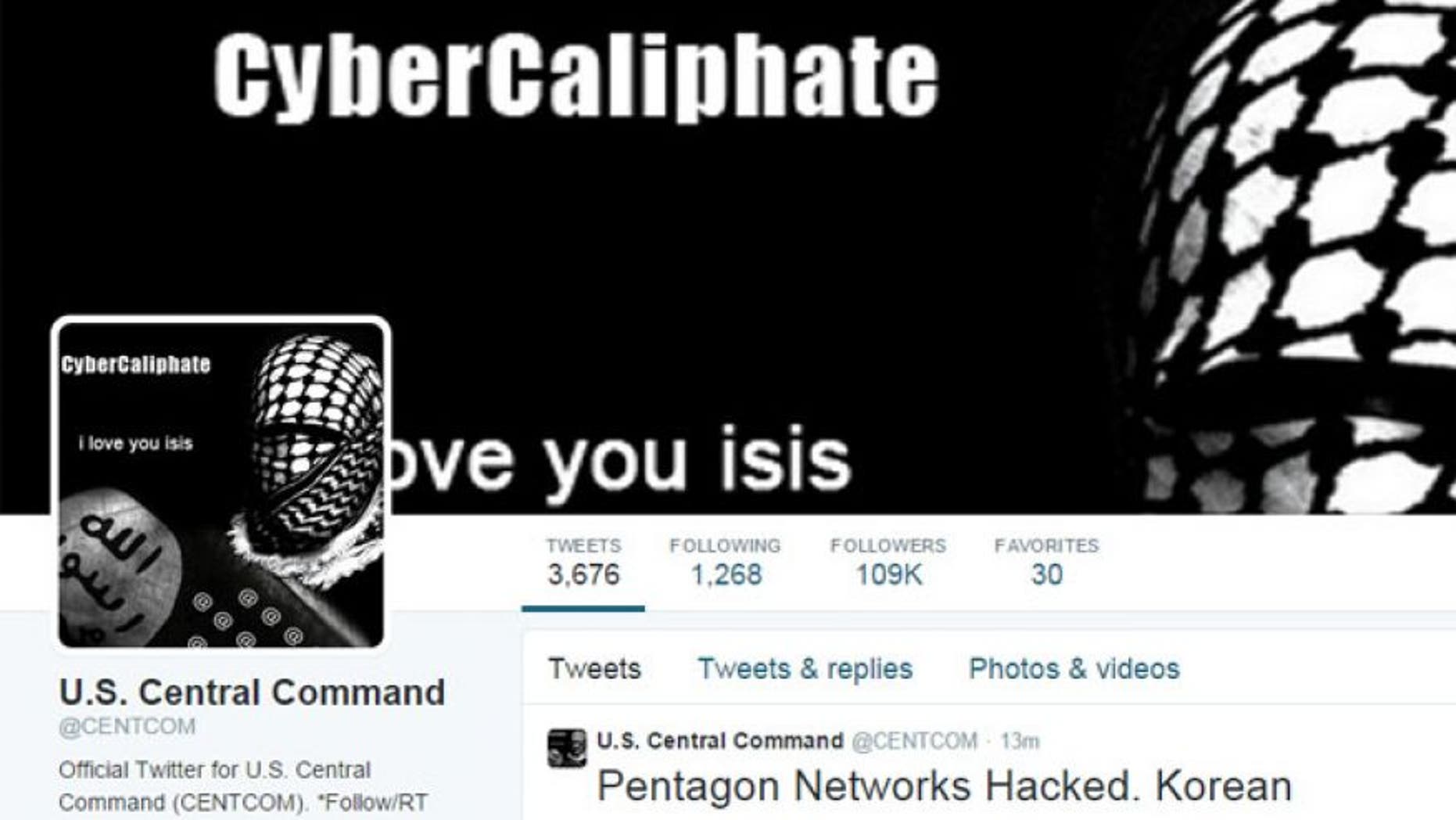 This image from January 2015 shows the compromised Twitter account of U.S. Central Command.