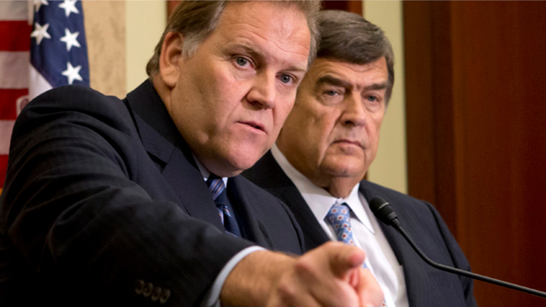House Intelligence Committee Chairman Rep. Mike Rogers, R-Mich., left, and the committee's ranking Democrat, Rep. C.A. Dutch Ruppersberger, D-Md., participate in a news conference on Capitol Hill in Washington.
