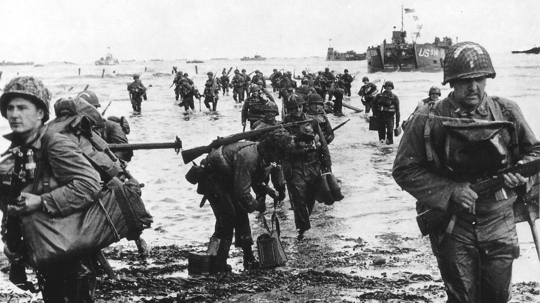U.S. reinforcements land on Omaha beach during the Normandy D-Day landings near Vierville sur Mer, France, on June 6, 1944.