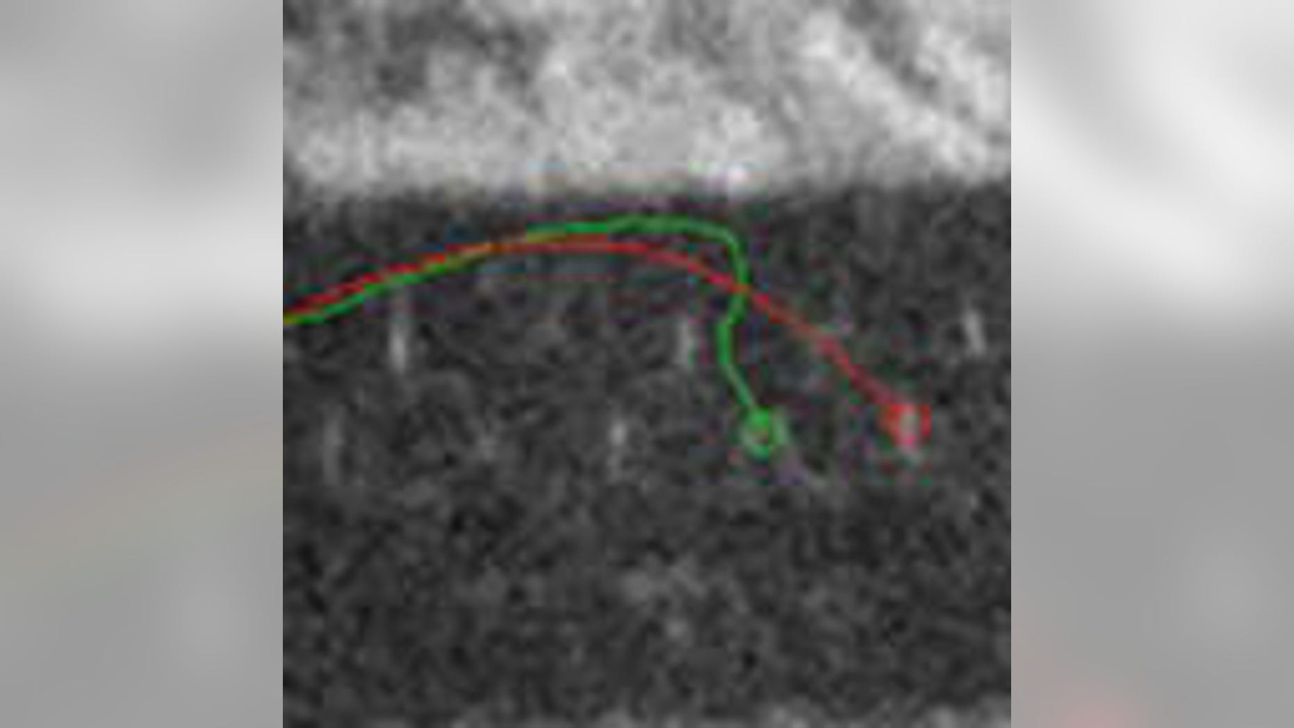 This image shows a guided bullet's path to its target (green) compared to the rifle's aim point (red).